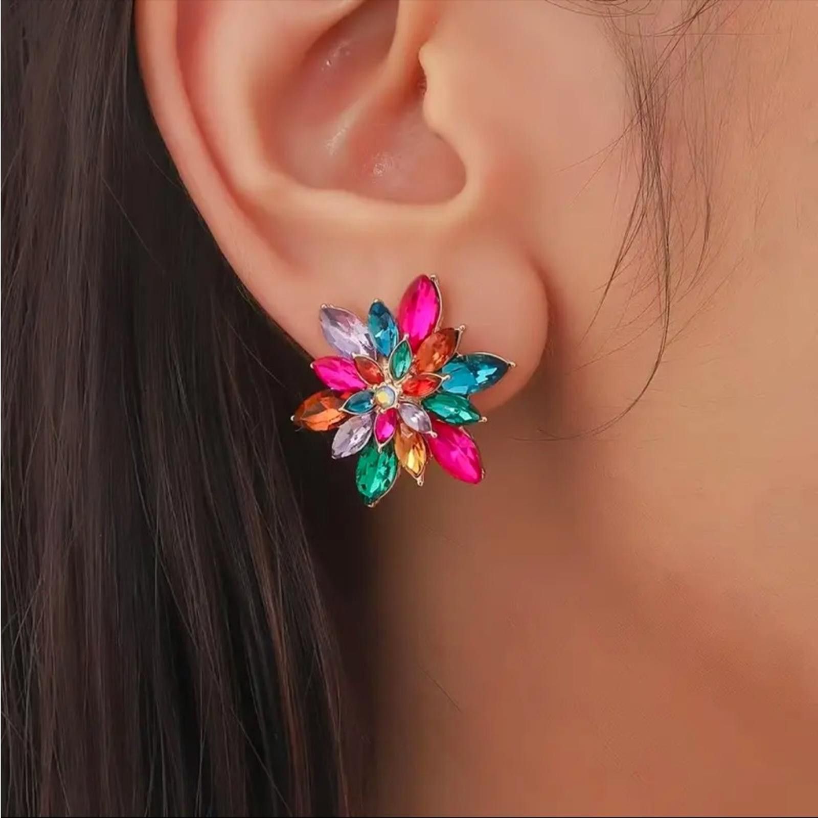 Designer Floral Multi Color Gemstone Stud Earrings Size ONE SIZE - 2 Thumbnail