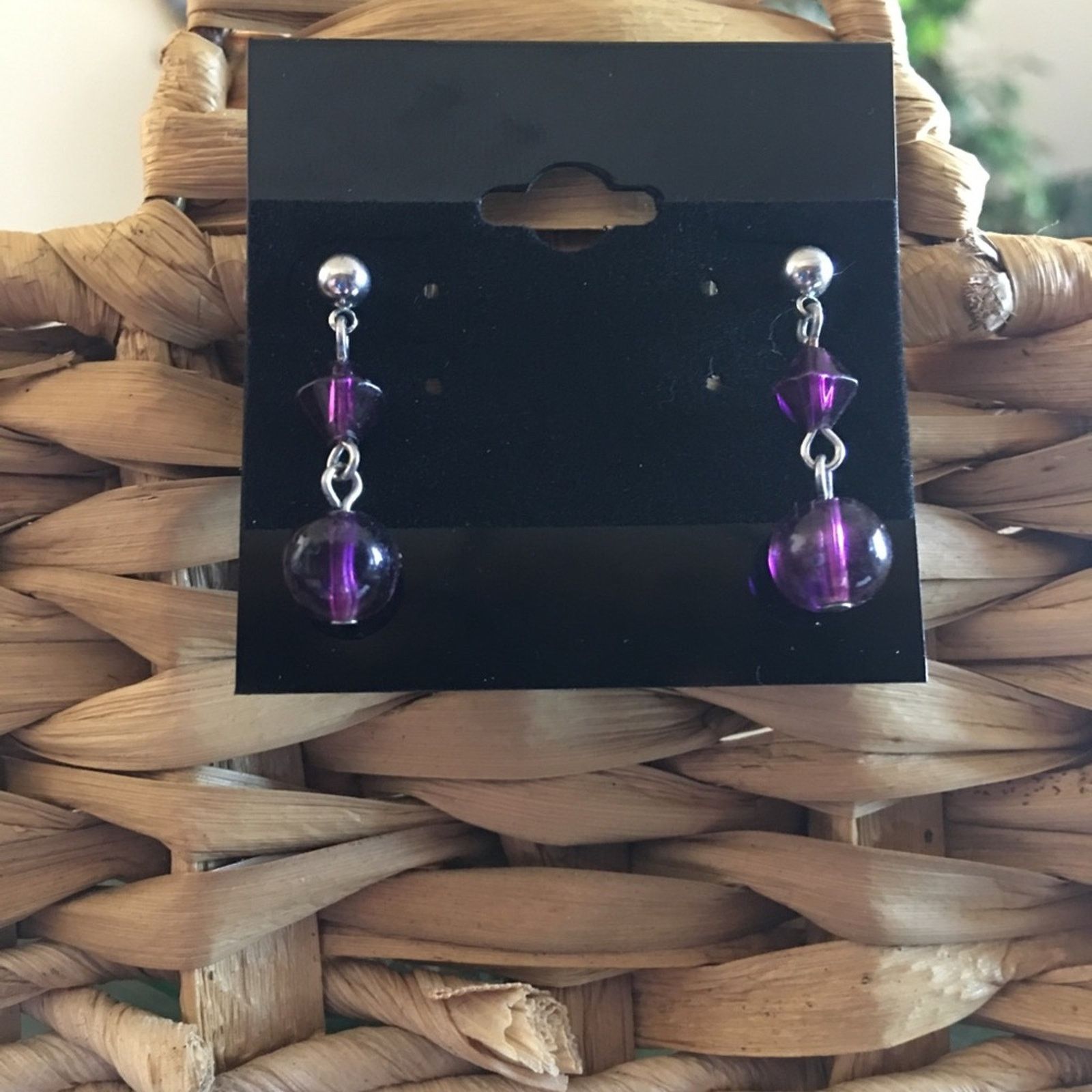 Jewelry Purple Glass Bead Silver Tone Dangle Earrings, Women's