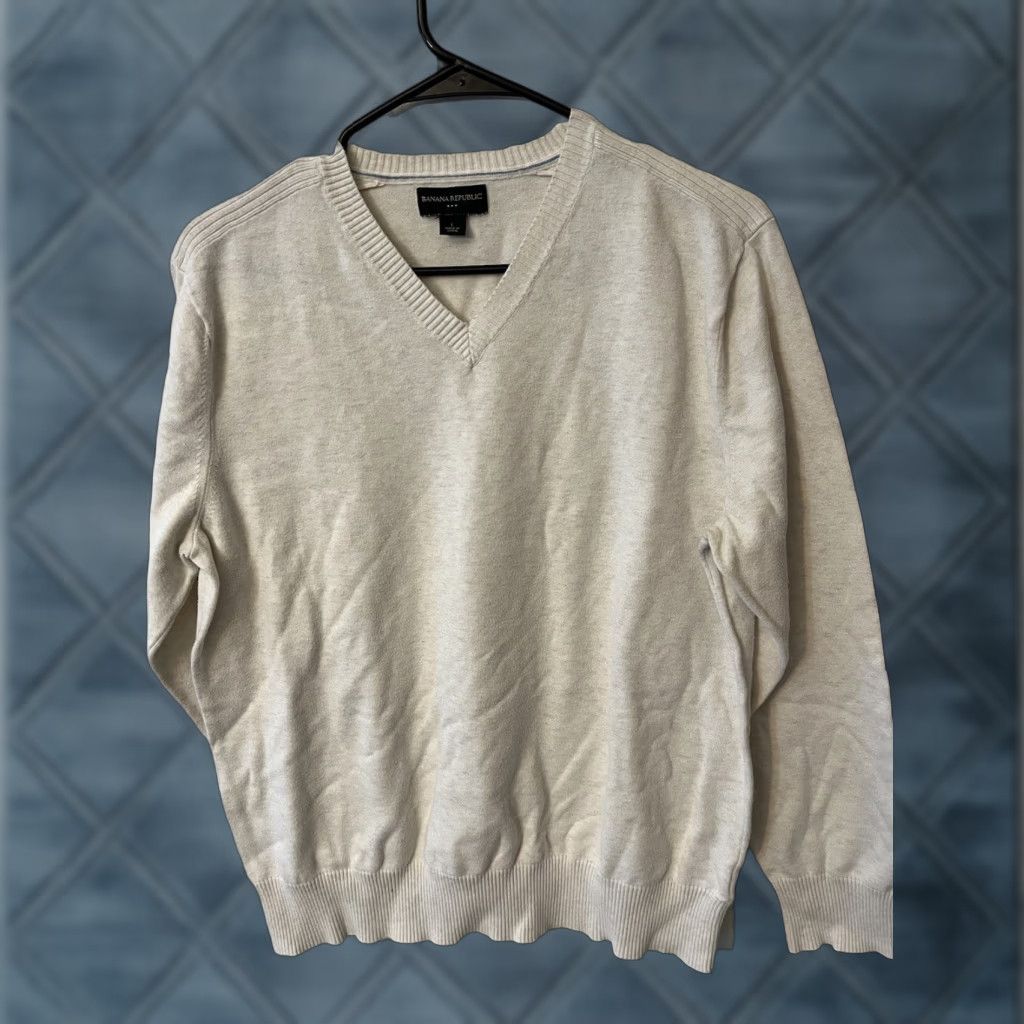 Banana Republic VINTAGE Banana Republic Sweater Shirt Mens Small 100% Cotton Ivory V-Neck Relaxed Knit Pullover 90s Event Casual Mens Size US L / EU 52-54 / 3 - 1 Thumbnail