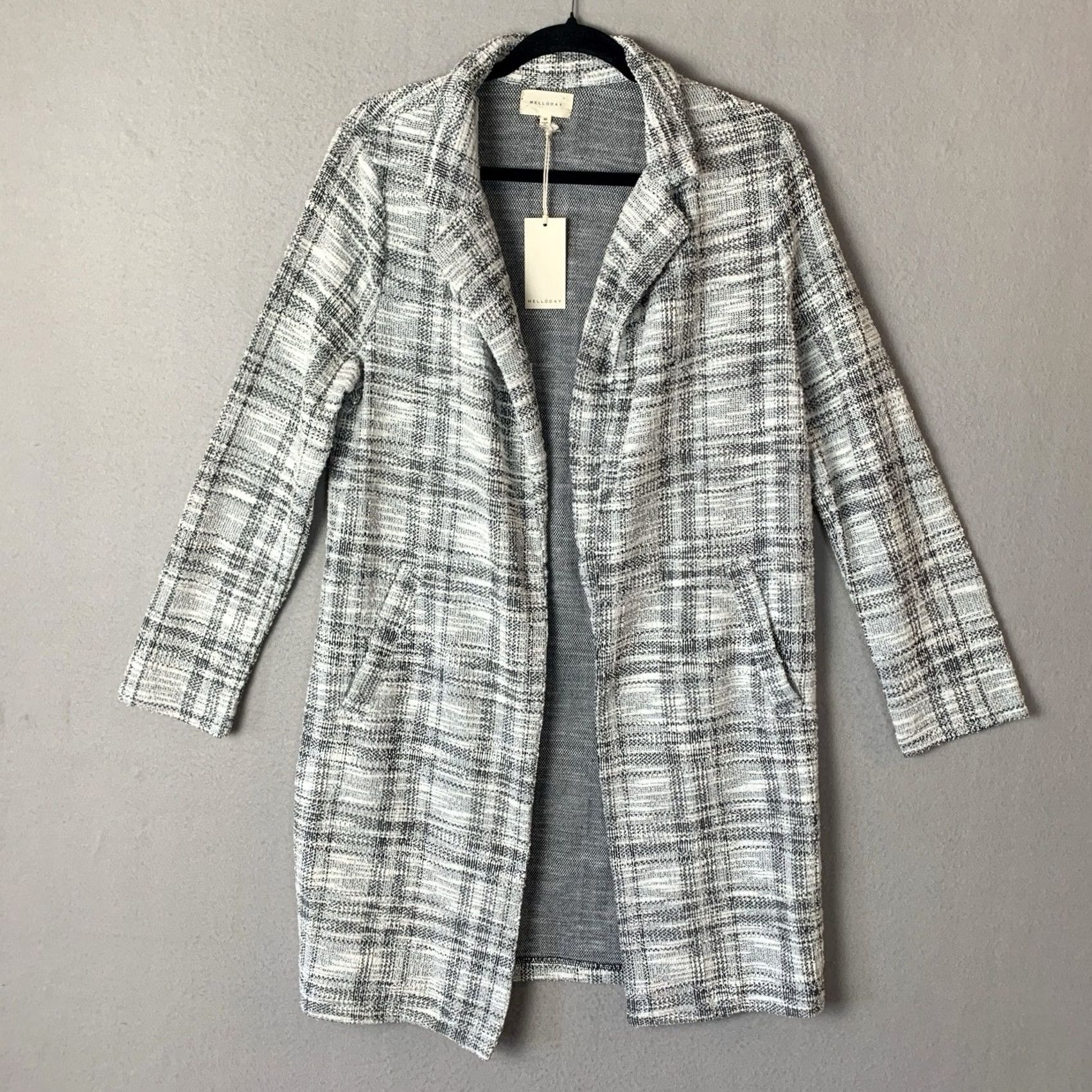 Vintage Melloday Cardigan Coat Jacket Women’s M Black & White Plaid Long Open Front Duster Coat Size M / US 6-8 / IT 42-44 - 2 Thumbnail