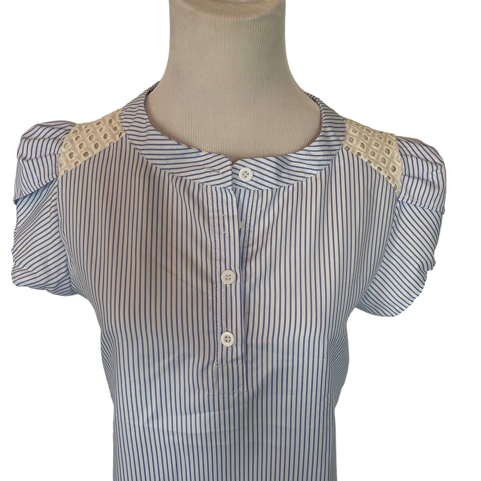 Other Blue & White Stripe Button Down Blouse Lace Short Sleeve Top Size M / US 6-8 / IT 42-44 - 3 Thumbnail