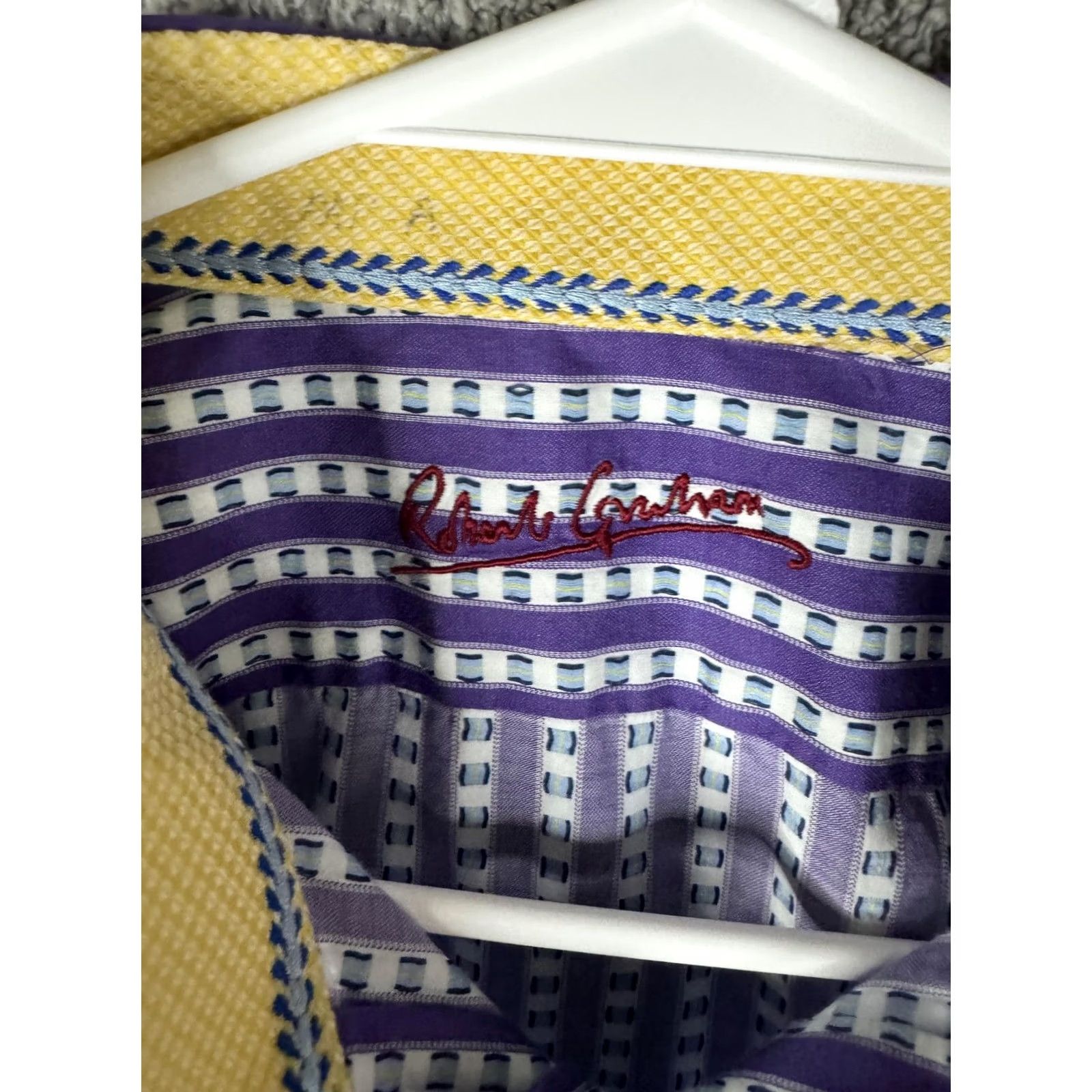Robert Graham Robert Graham Shirt Mens XL XXL Purple Stripe Yellow Cuff Long Sleeve Button Size US XL / EU 56 / 4 - 3 Thumbnail