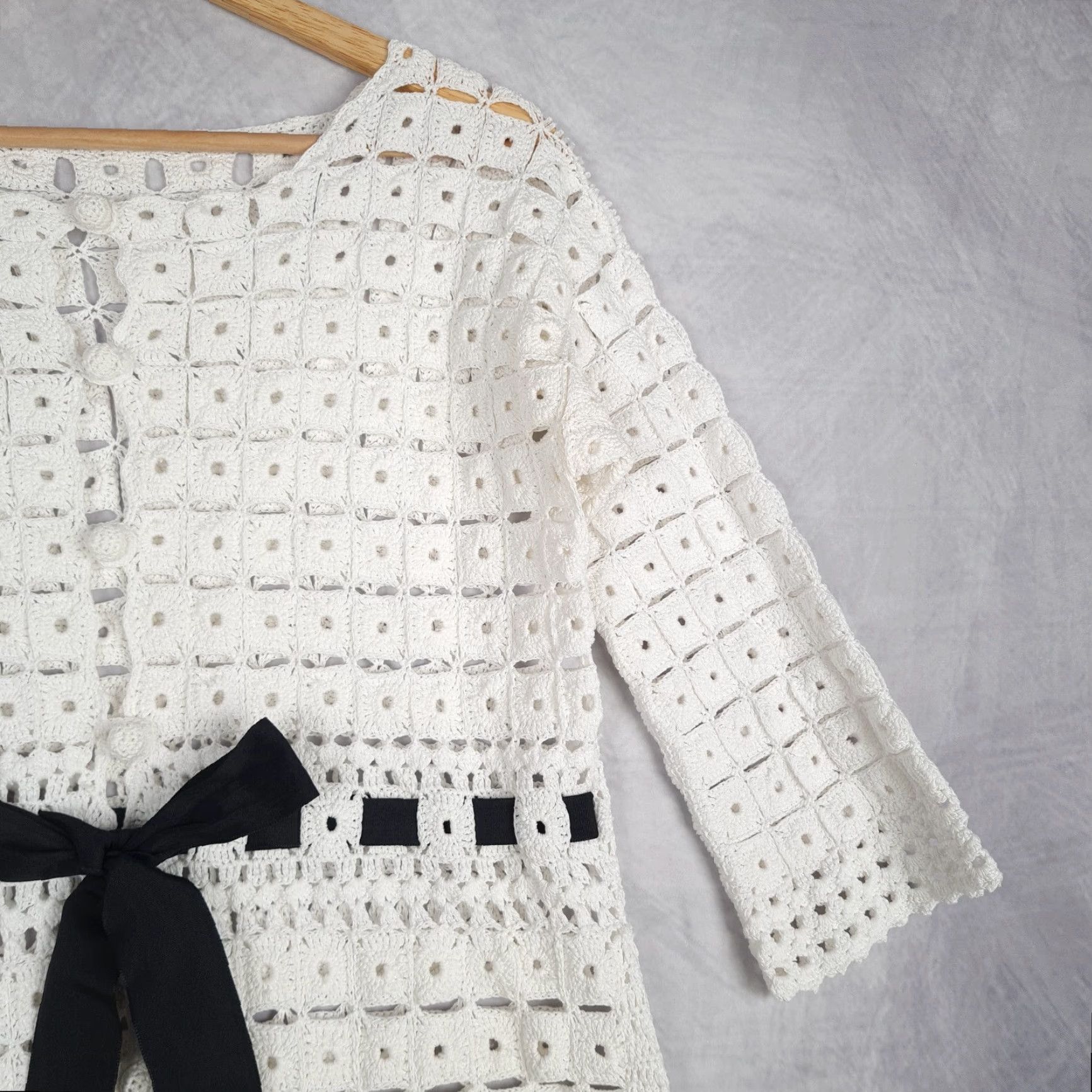 Robert Rodriguez Robert Rodriguez Dress Womens XS White Crochet Open Granny Squares Ribbon Belt Mod Duster Size XS / US 0-2 / IT 36-38 - 5 Thumbnail