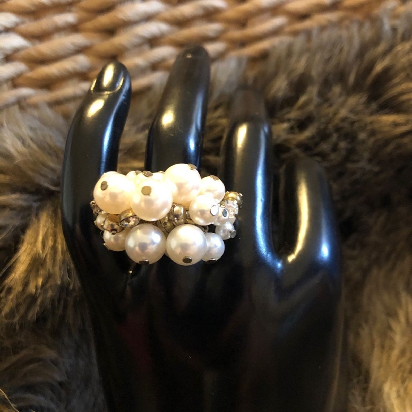Jewelry Faux Pearl And Rhinestone Bauble Cluster Ring in Gold, Women's