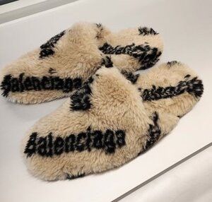image of Balenciaga All Over Logo Mule Shoes Biege Teddy Men's in Beige (Size 7)