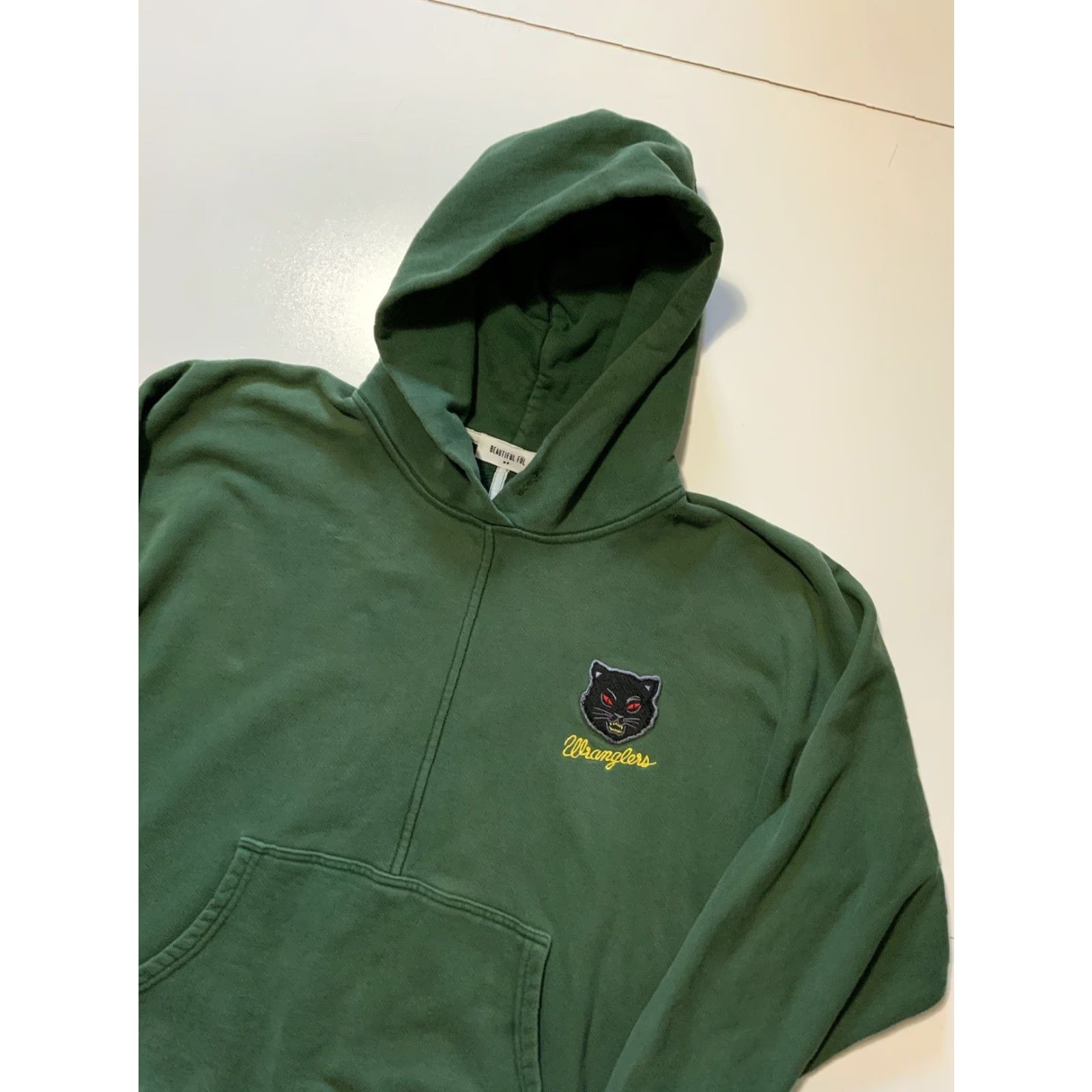 Vintage BTFL Beautiful FUL Black Cat Wranglers Green Terry Fleece Pullover Hoodie M Mens Green Cat Wranglers Hoodie 90s Size US M / EU 48-50 / 2 - 4 Thumbnail