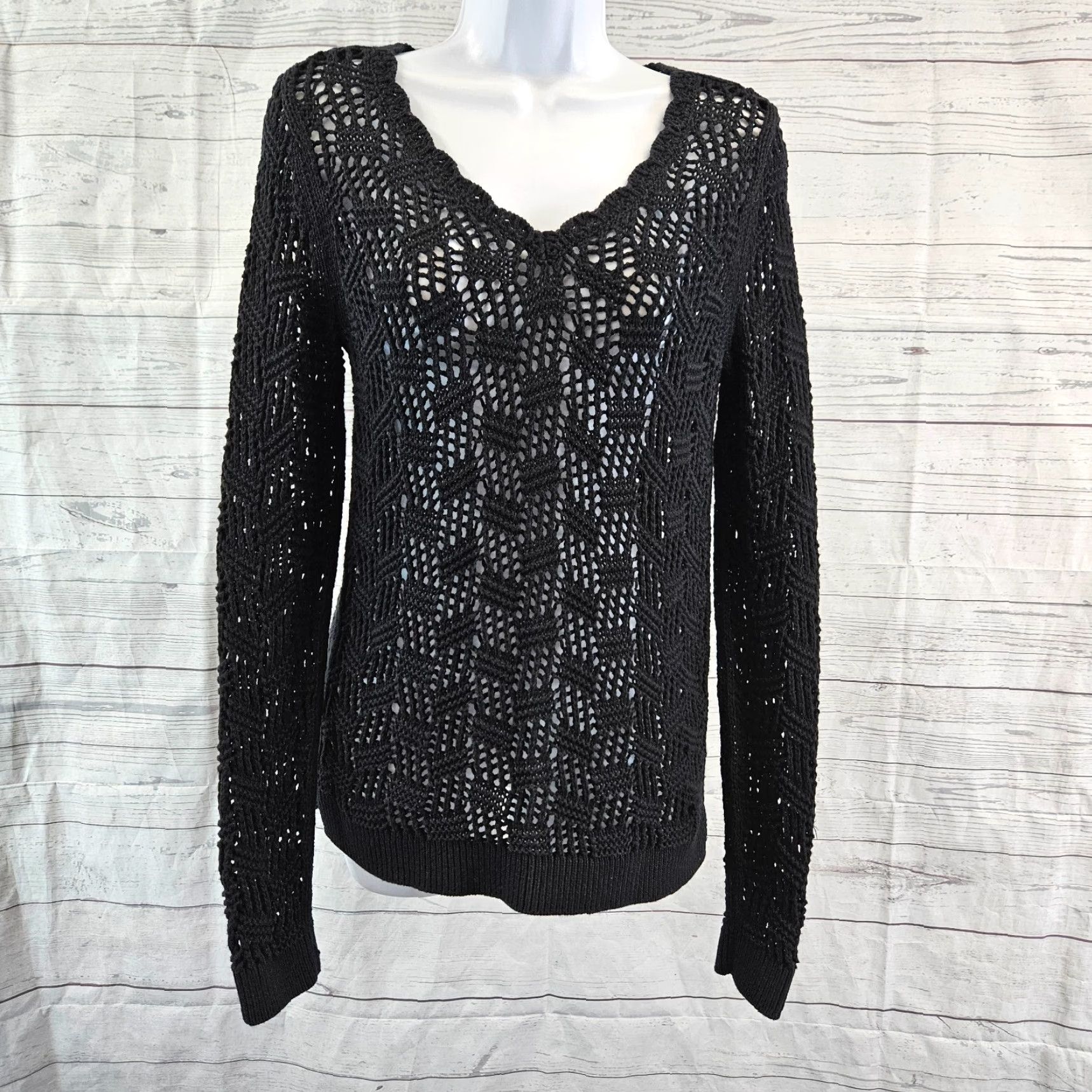 Loft Ann Taylor LOFT Womens Open Knit Sweater Sz Small Black Cotton Long Sleeve Size S / US 4 / IT 40 - 2 Thumbnail