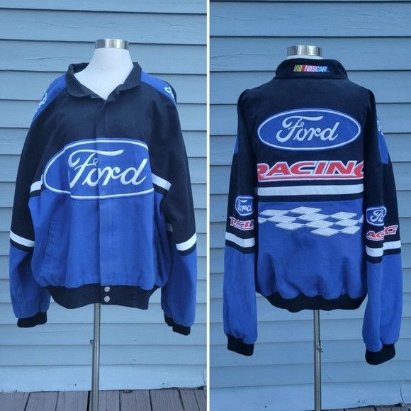 Vintage 90s y2k Ford Racing Nascar Blue Black Checkered Coat