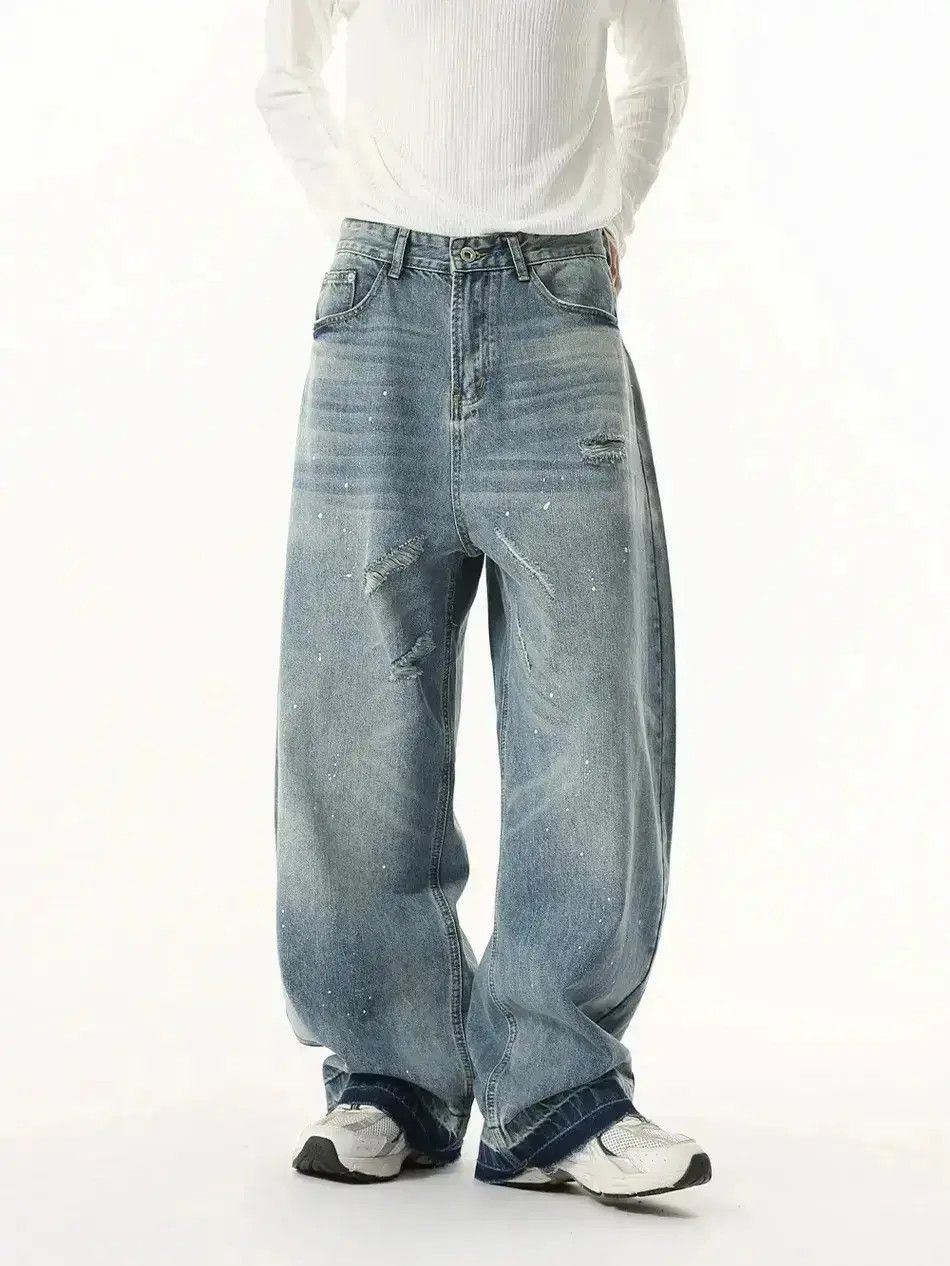 Japanese Brand Retro straight leg fringed cat whisker jeans Size US 32 / EU 48 - 1 Thumbnail