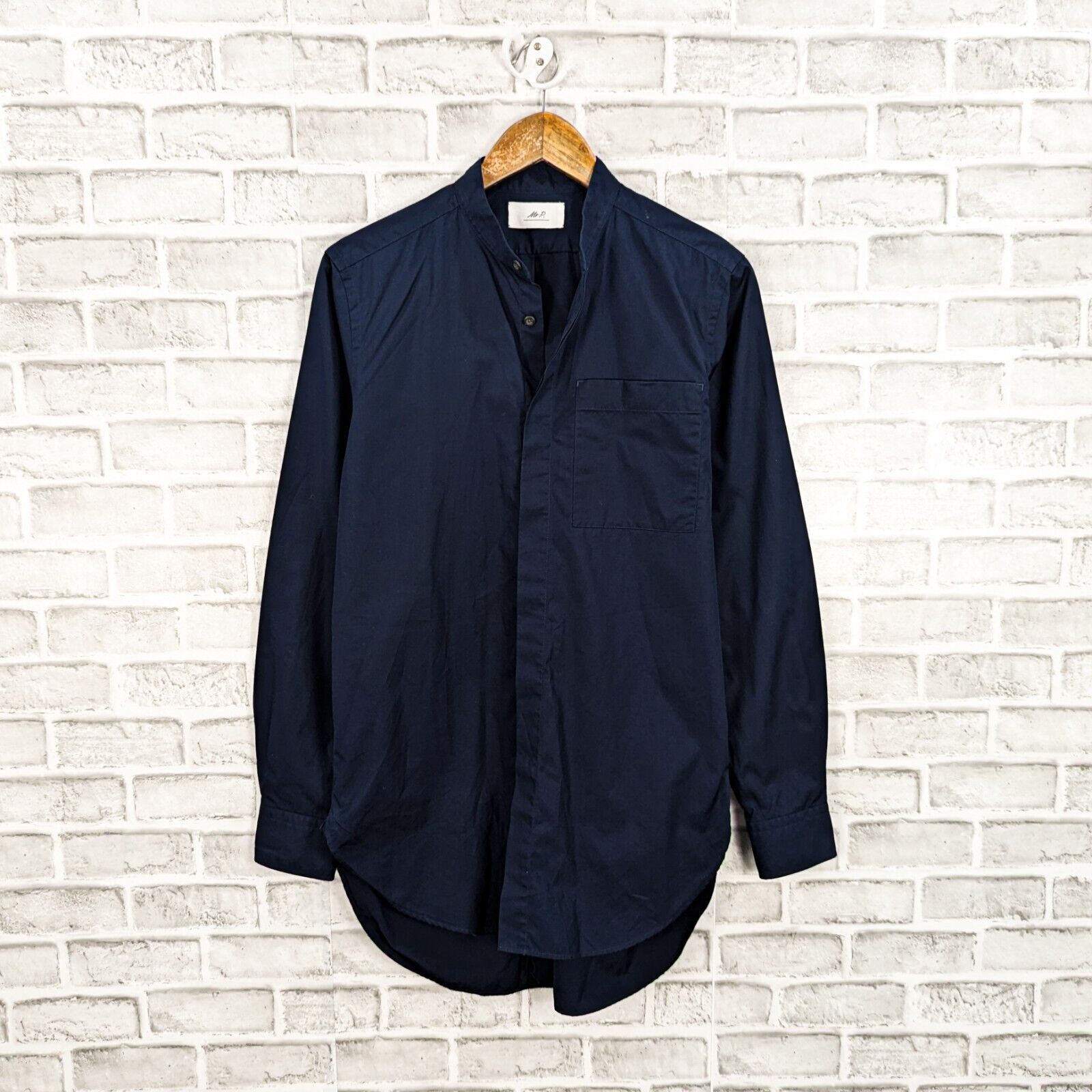 Mr P. Porter Men's Navy Blue Button up Band Collar Shirt