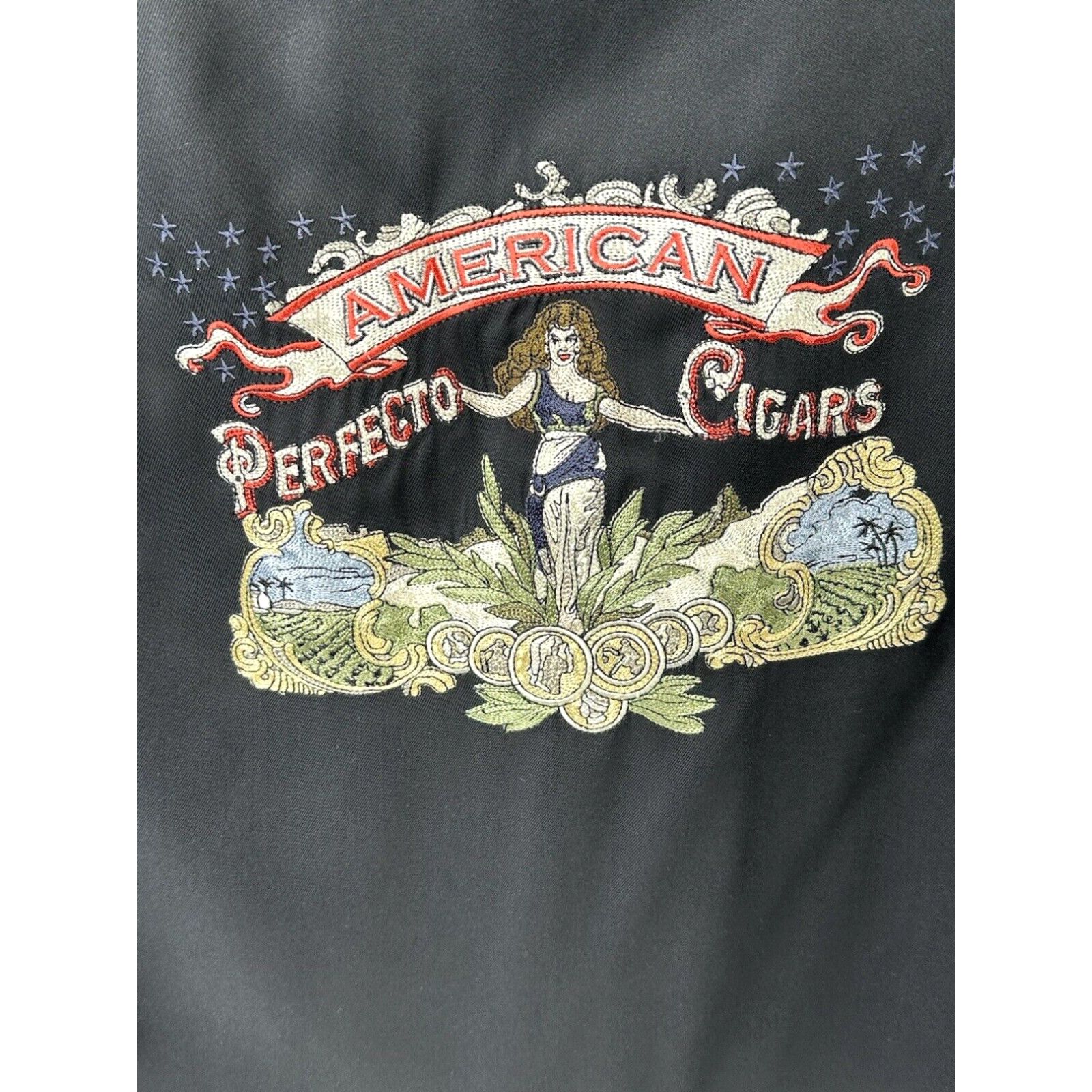 image of Vintage Nat Nest Camp Shirt Mens Large Silk S/s American Perfecto Cigars Embroidered in White