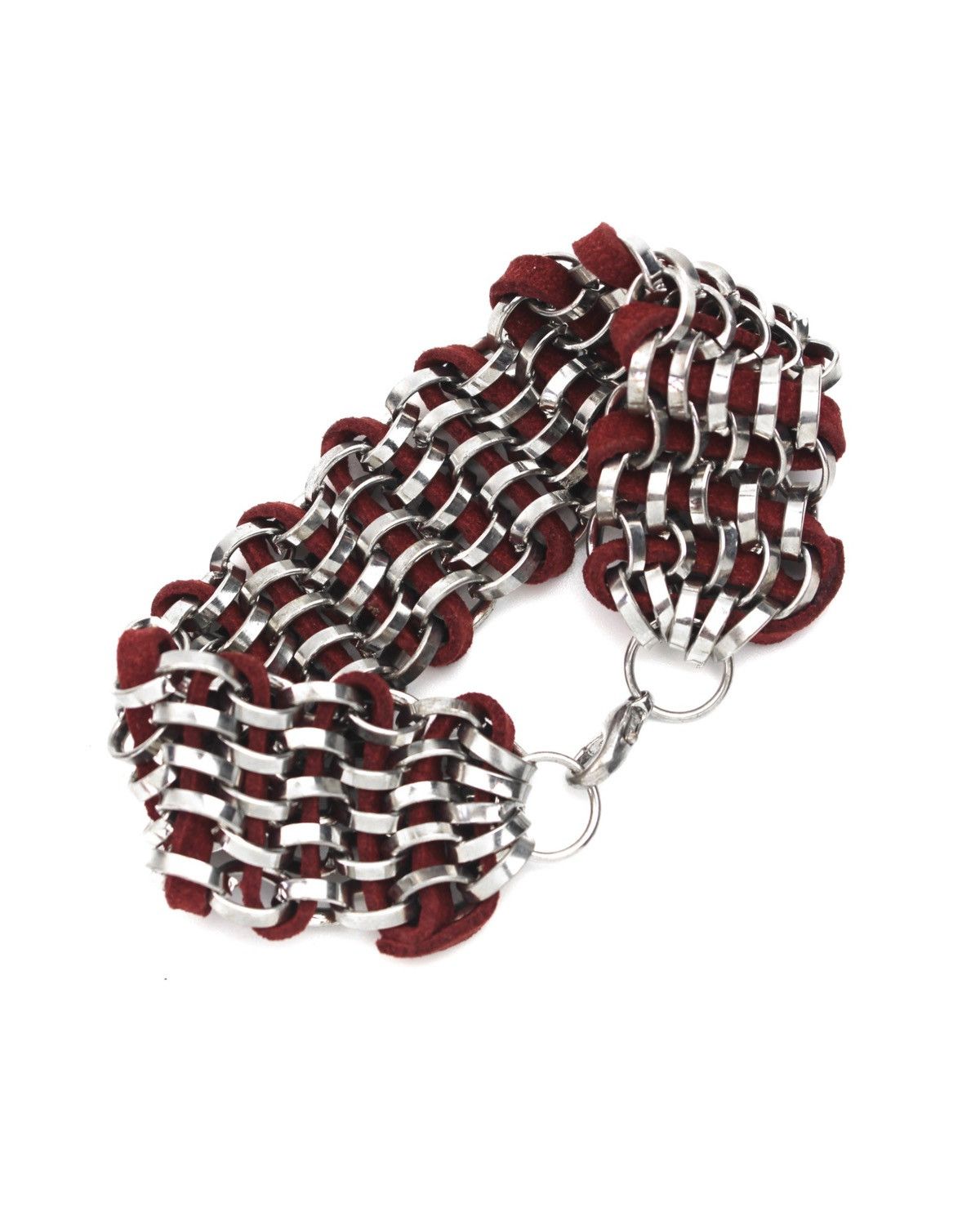2000S JAPANESE MADE METAL WEAVE RED SUEDE LINK BRACELET