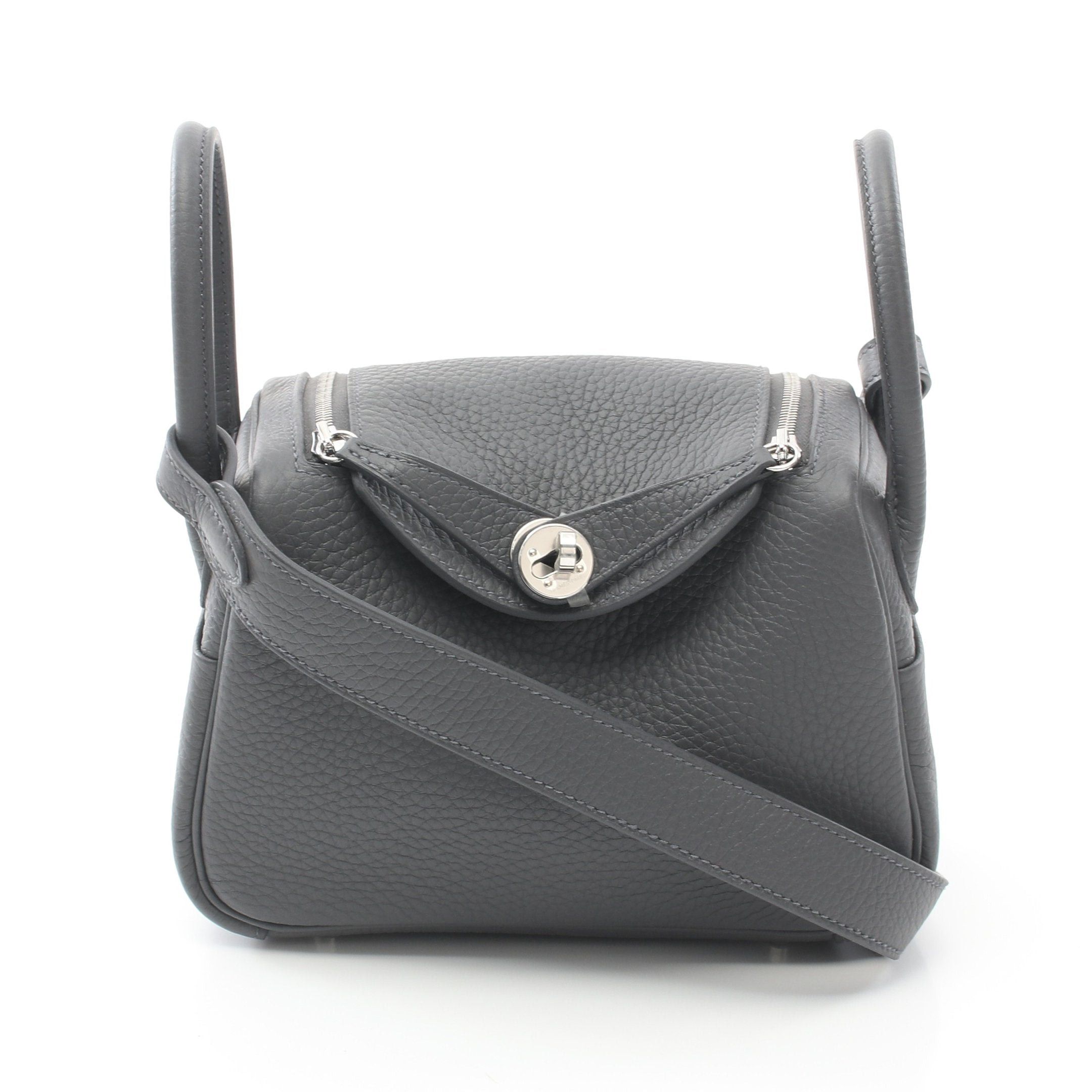 Hermes Lindy Mini Grimist Shoulder Bag Clemence Leather Gray Silver Hardware Double Engraved in Grey, Women's