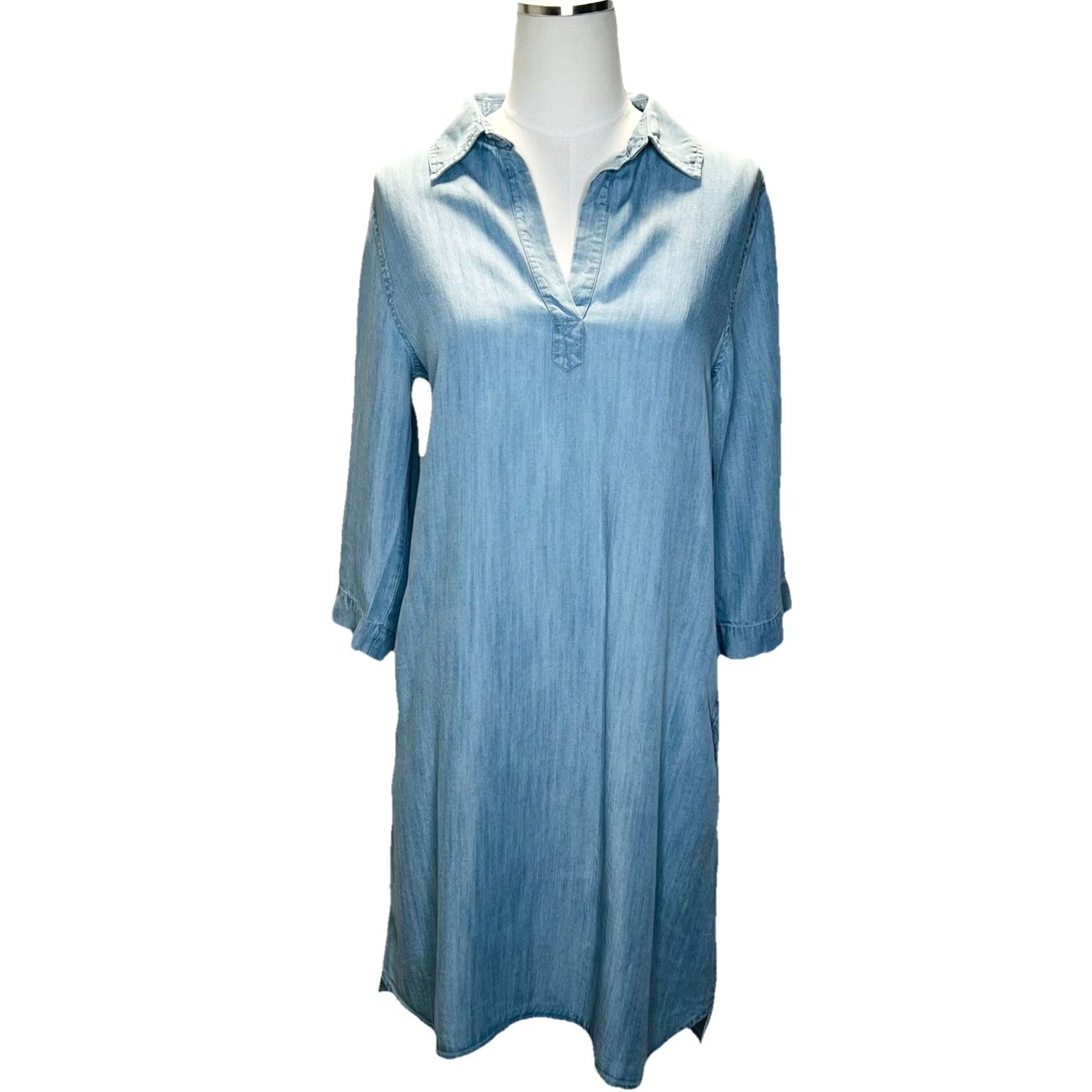 Soft Surroundings Soft Surroundings Shirt Dress Women's Small Blue Chambray V Neck Pockets Lightweight Lyocell Cap Sleeve Solid 100% GENUINE USA SELLER Size S / US 4 / IT 40 - 2 Thumbnail