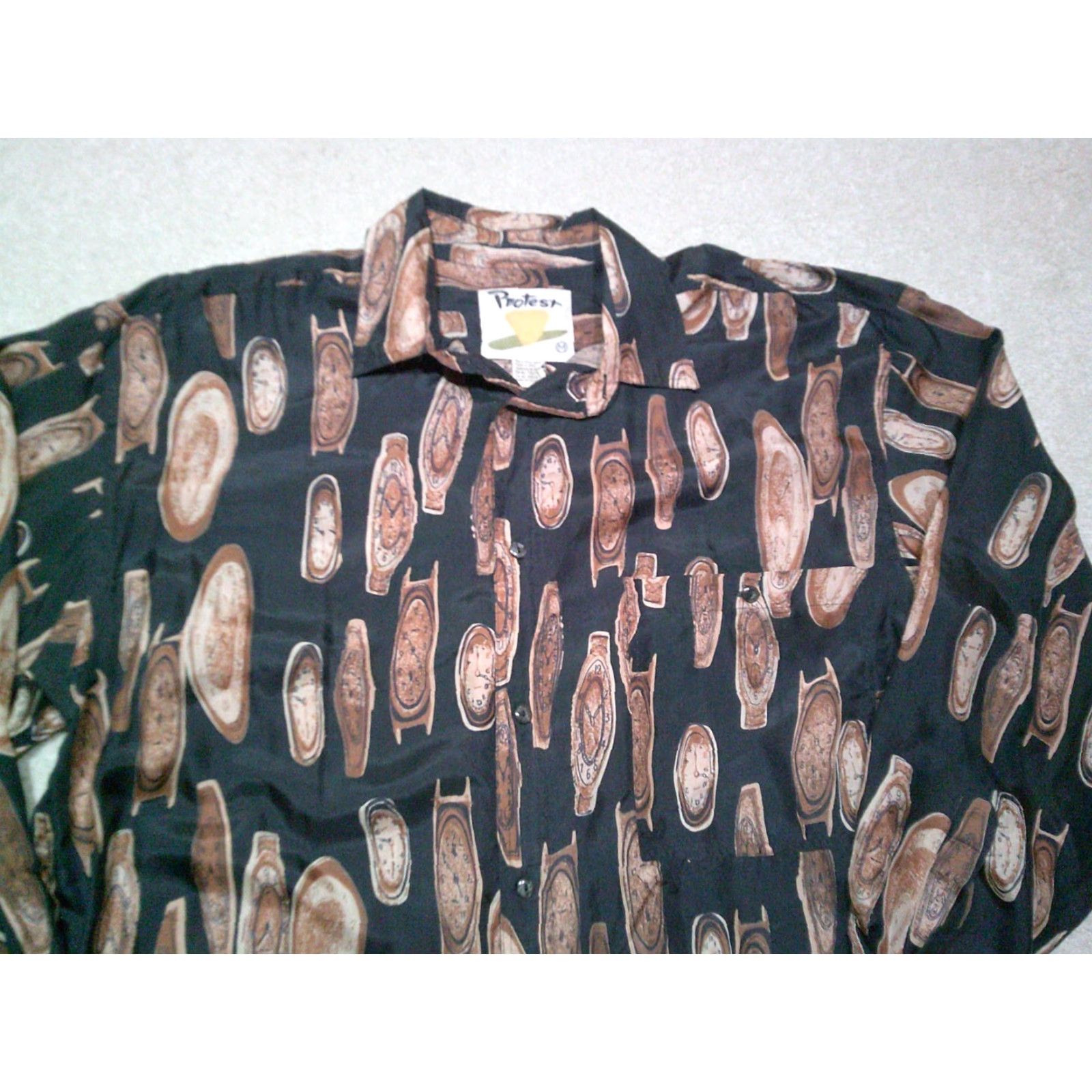 Vintage VINTAGE Protest Silk Button Up Shirt Mens Medium Brown Watches AOP 90s Abstract Shirt Size US M / EU 48-50 / 2 - 3 Thumbnail
