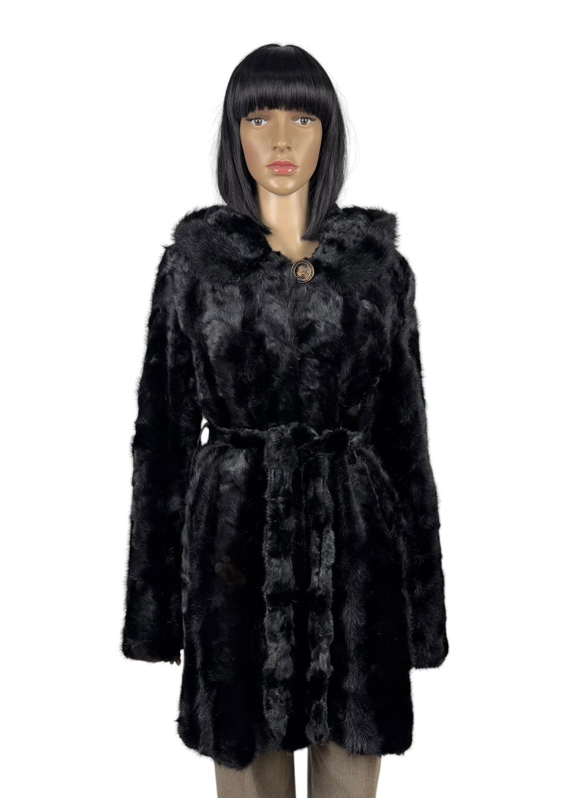 Designer Real Mink Fur Coat Hooded Belted size XS Size XS / US 0-2 / IT 36-38 - 2 Thumbnail
