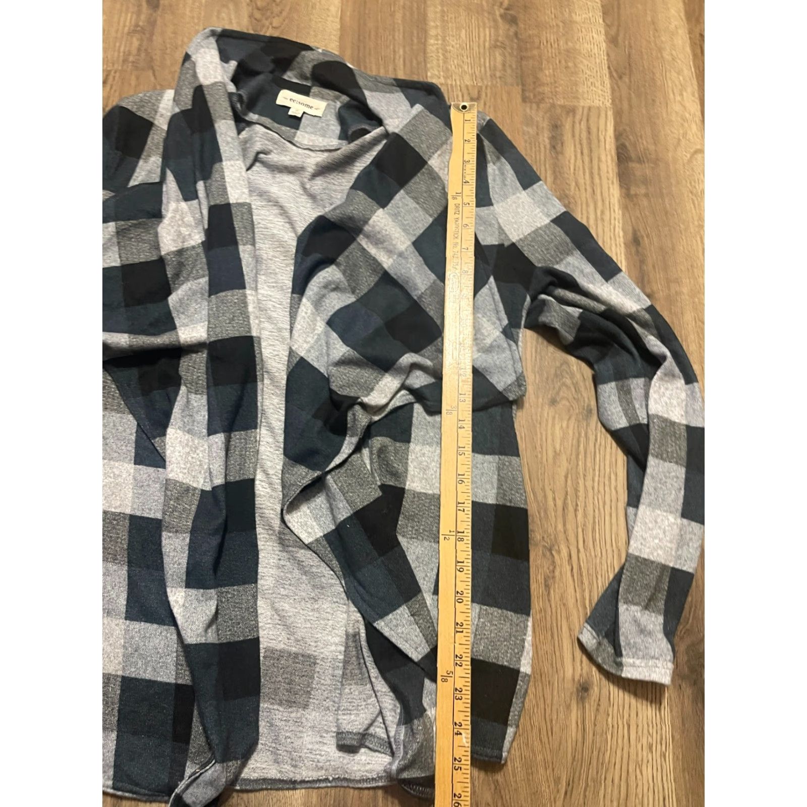 Vintage ee:some Sweater Women's Cardigan, Medium, Plaid Open Cardigan, Gray Black Green, Casual, Regular Fit, Fall Spring Summer, Womens Size M / US 6-8 / IT 42-44 - 6 Thumbnail