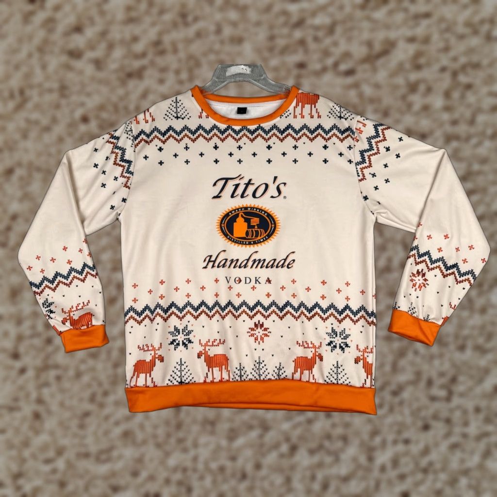 Vintage VINTAGE Titos Vodka Sweatshirt Mens Pullover Beig e Orange Winter Snowflake Moose Crew Neck Large Knit Logo Pattern Solid Holiday themed 90s Size US L / EU 52-54 / 3 - 1 Thumbnail