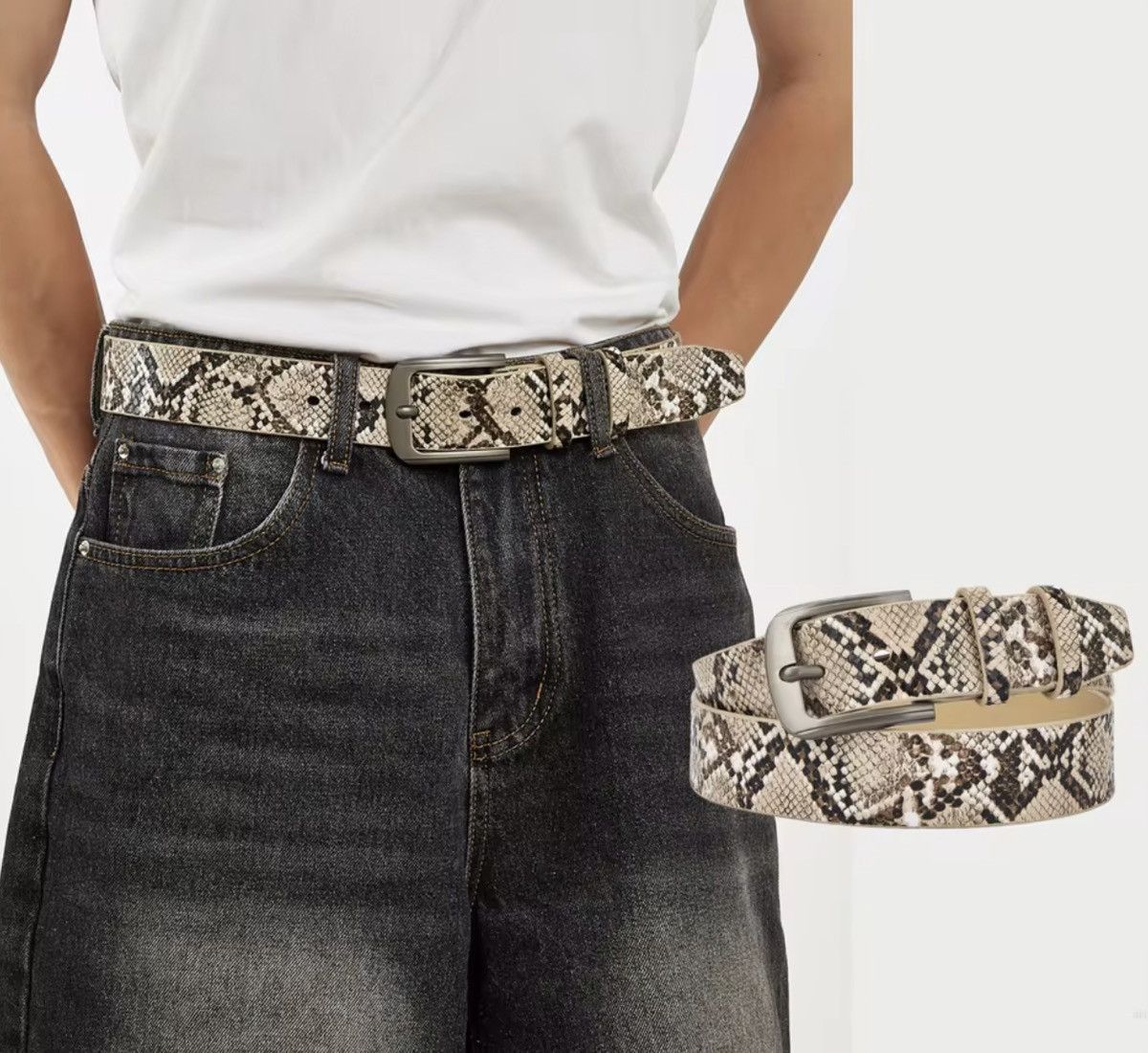 Japanese Brand 102 cm Snakeskin Print Faux Leather Belt - Brown/Beige Size ONE SIZE - 1 Thumbnail