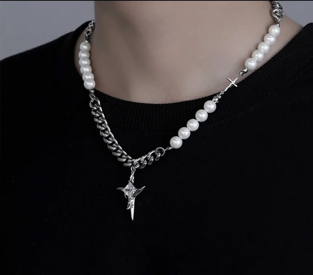 Jewelry Hip Hop Imitation Pearl Cross Necklace Size ONE SIZE - 1 Thumbnail
