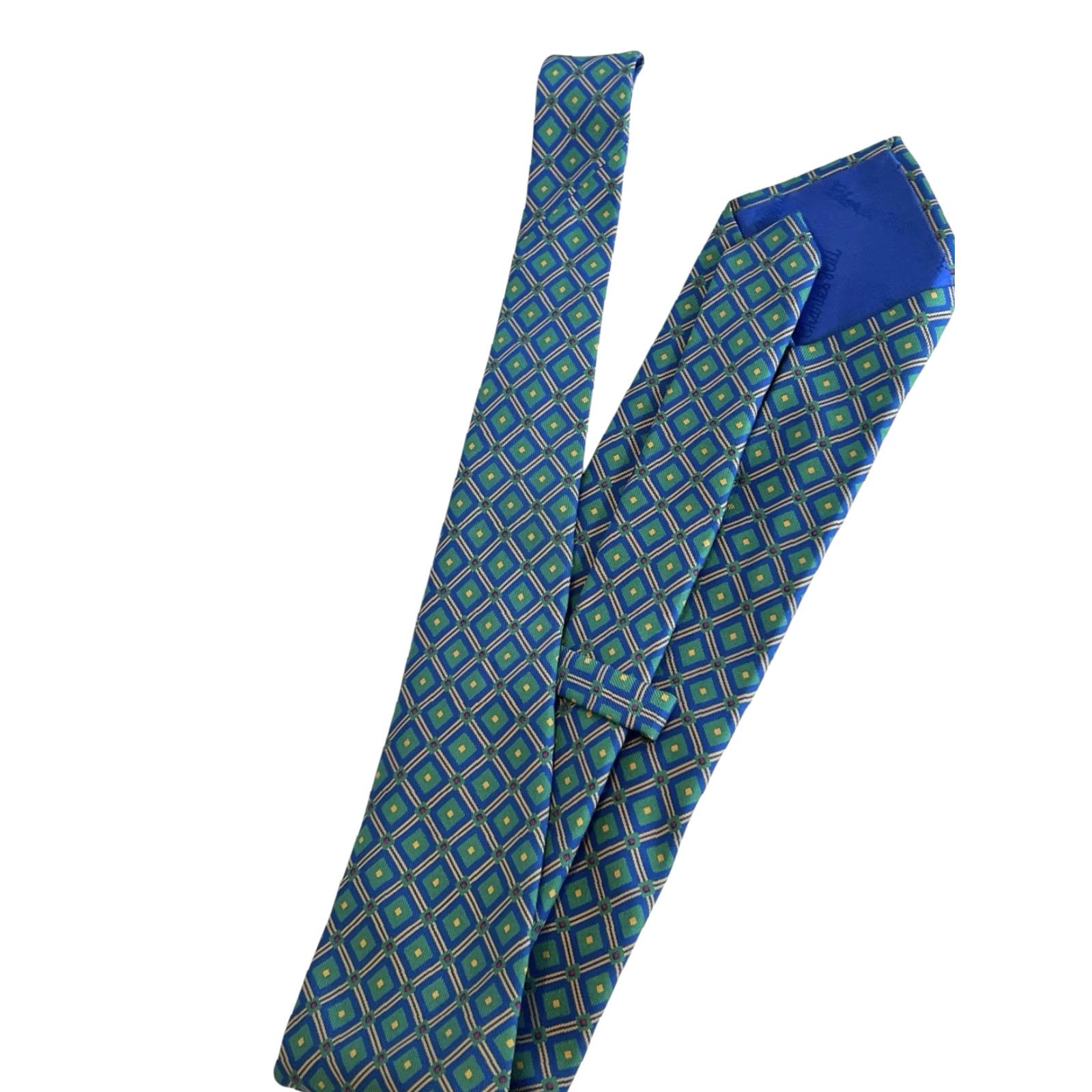Vintage CHARLES HILL Made In England Emerald Green Blue Diamond Motif Tie DESIGNER Size ONE SIZE - 7 Thumbnail
