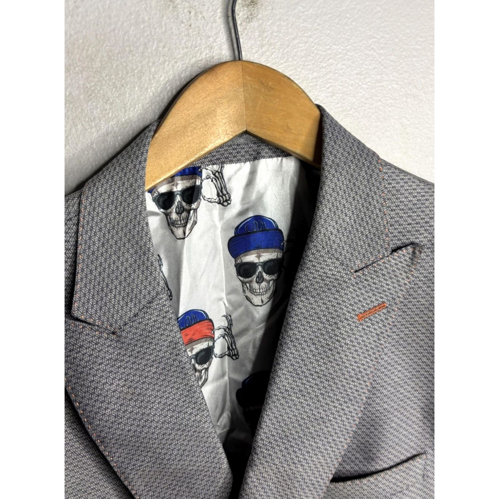 Maceoo MACEOO Blazer Mens 44 Blue Geometric Skull Lining Single-Breasted 2-Button Jacket Sport Coat Adult Mens Size 44R - 3 Thumbnail