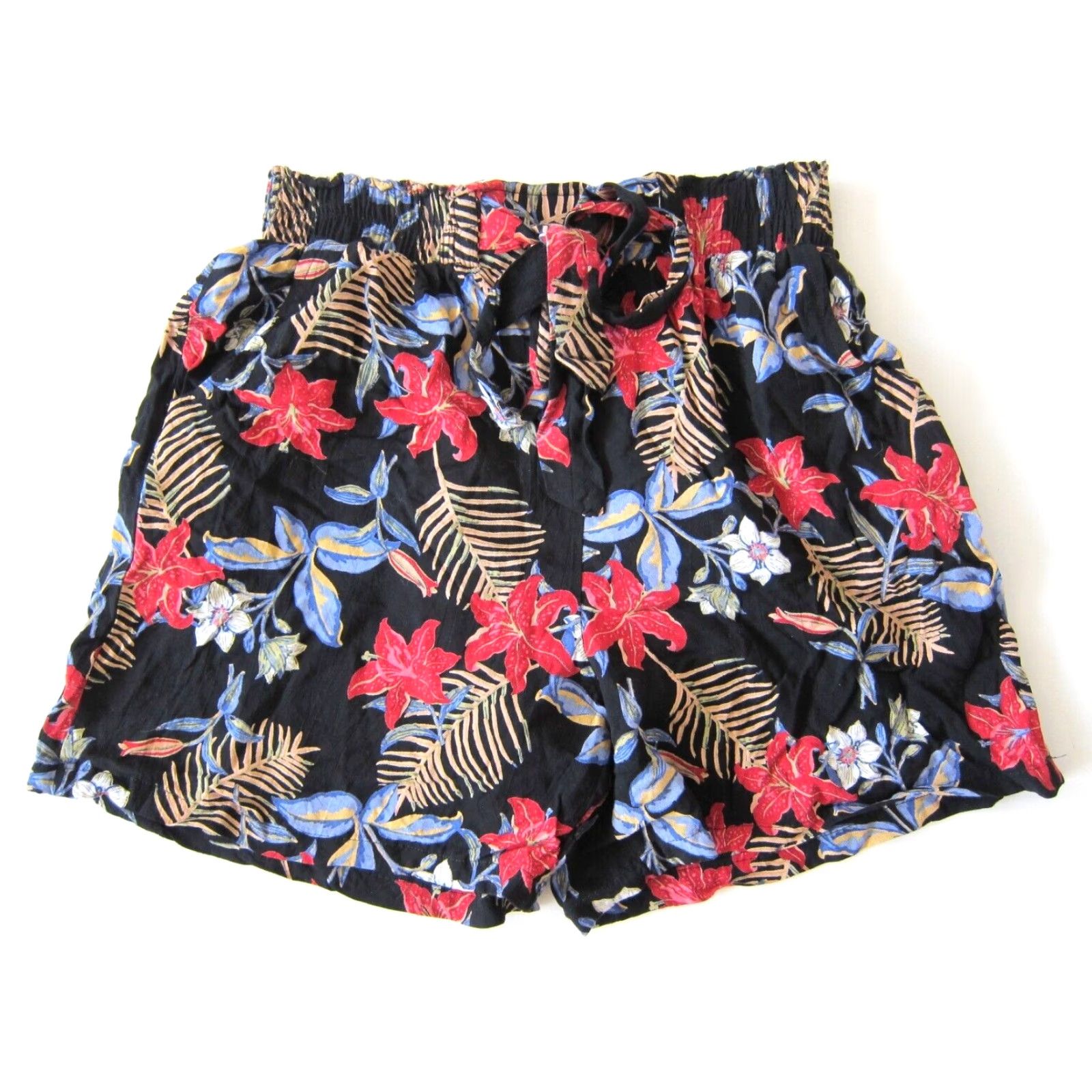Vintage Angie 100% Rayon Black Blue Red Pink Floral Pocket High Rise Waist Short Small Women XS-Size? Size 28" / US 6 / IT 42 - 2 Thumbnail