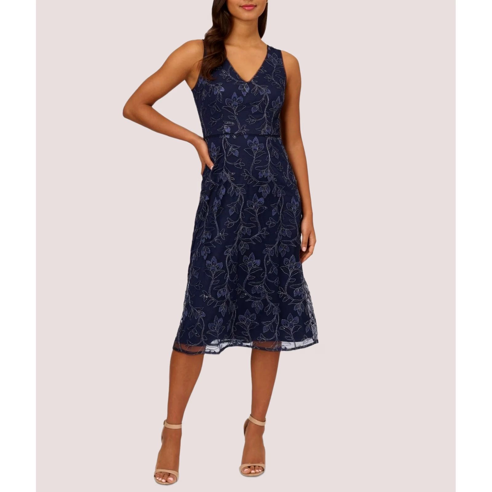 Adrianna Papell Adrianna Papell Womens Sequins Midi Dress, navy, Size 2 Size XS / US 0-2 / IT 36-38 - 1 Thumbnail