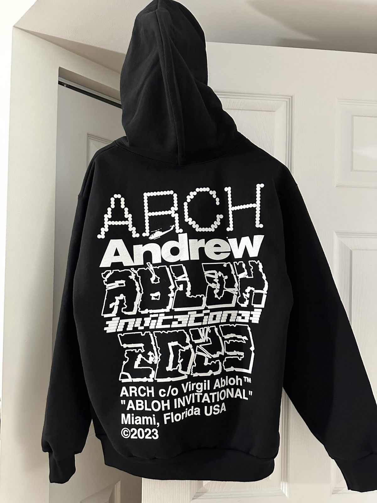 image of Off White x Virgil Abloh Miami 2023 Art Basel Arch X Andrew Skate Hoodie Collab in Black (Size Medi