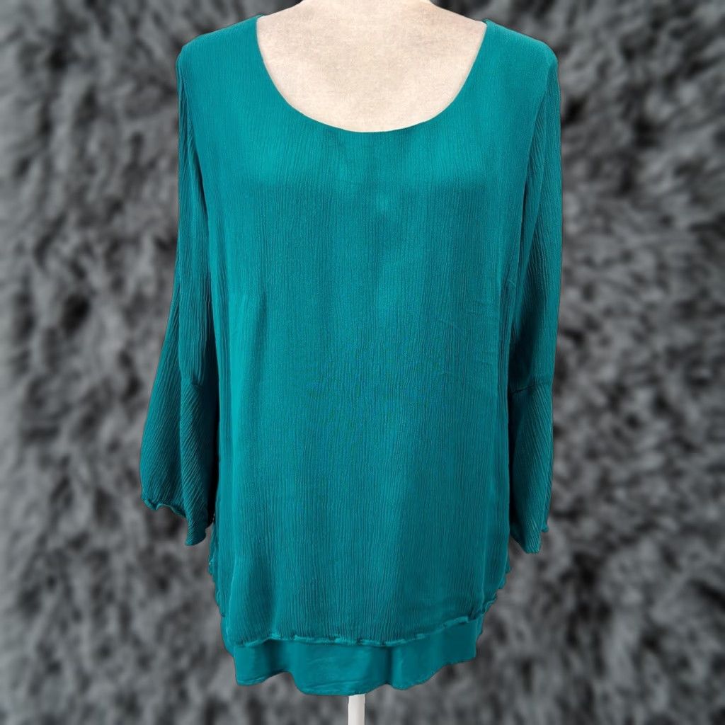 Soft Surroundings Soft Surroundings M Teal Green Blouse Layered Bell Sleeve Crepe Stretch Top Size XL / US 12-14 / IT 48-50 - 1 Thumbnail