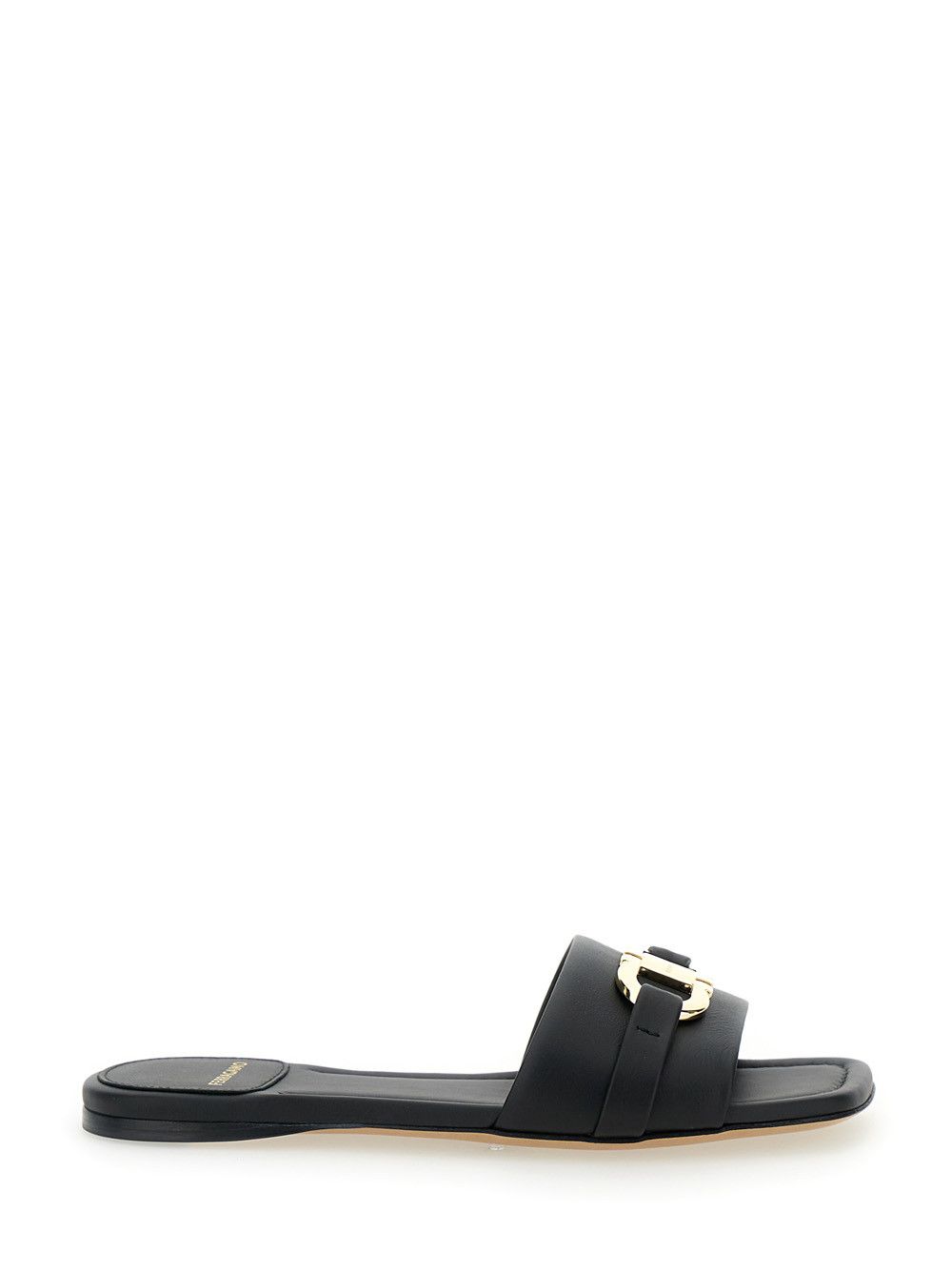'Leah' Black Sandals with Gancini Plate on Front in Leather Woman