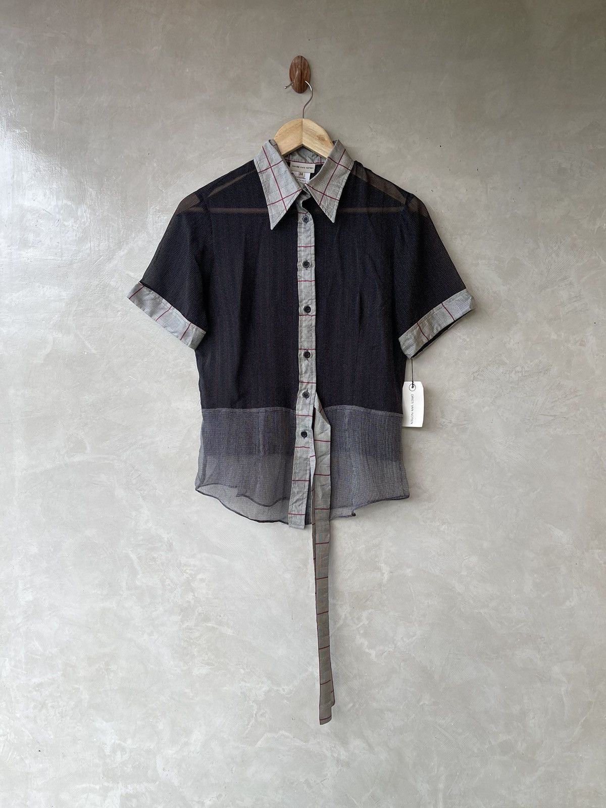 image of Dries Van Noten Silk Plaid Collar Botton Up Shirt in Grey, Women's (Size XS)