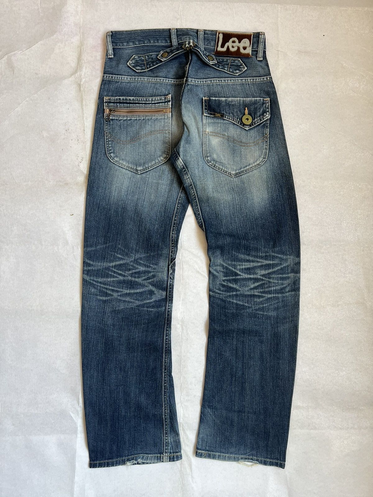 Lee Lee Cowboy Buckle Back Blue Wash Fading Distressed Denim Size US 31 - 2 Thumbnail