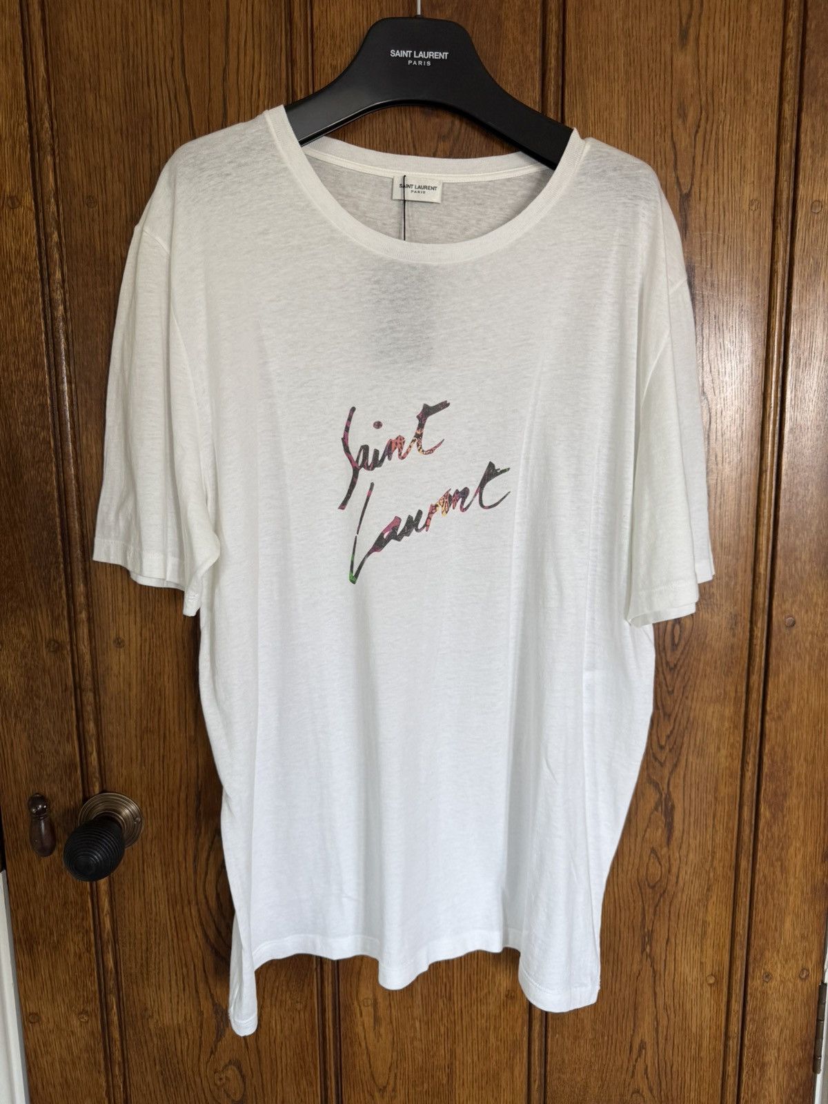 SS19 Saint Laurent script logo animal leopard print T shirt