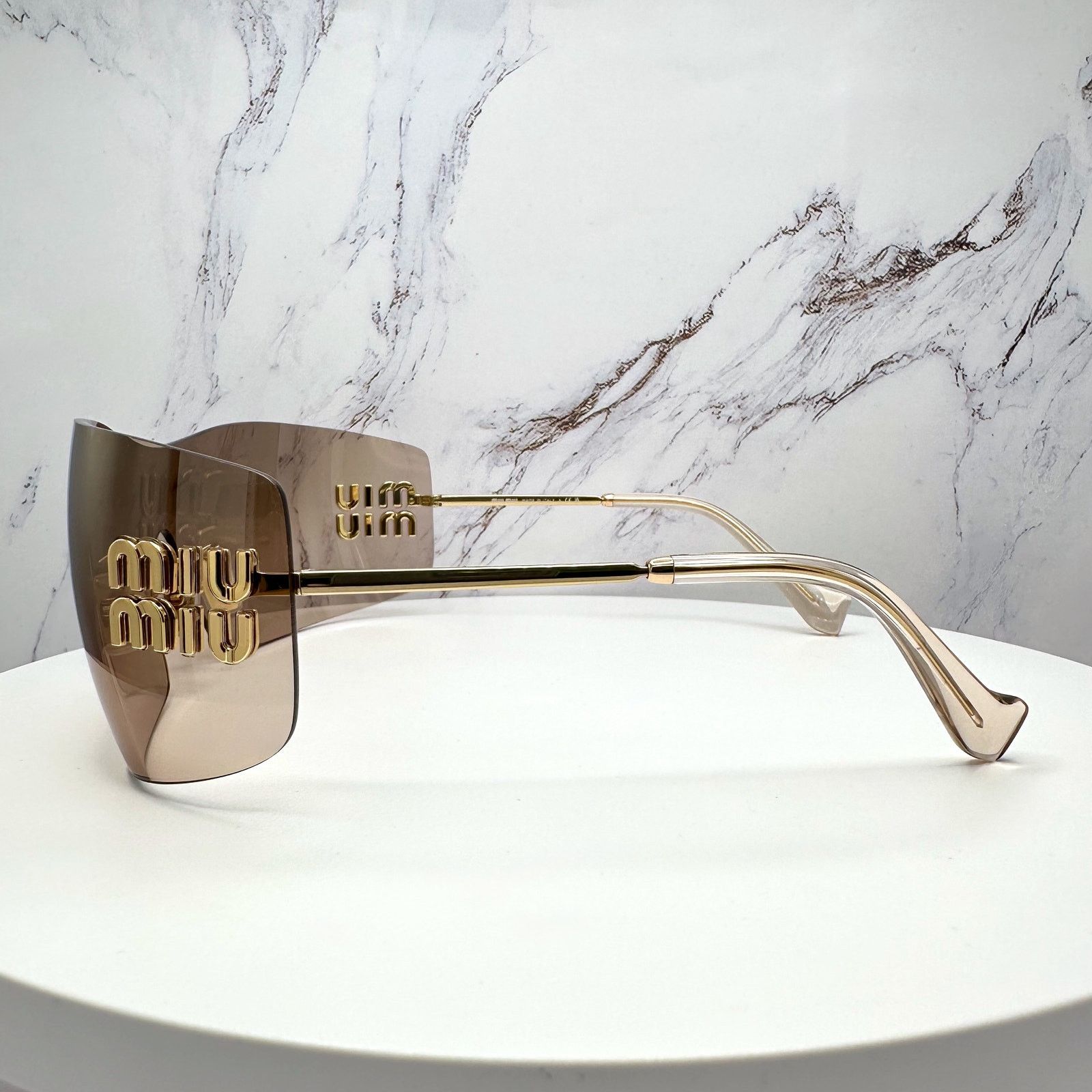 Miu Miu New MIU MIU Sunglasses Gold Light Mirror Bronze Rimless Wrap Size ONE SIZE - 13 Thumbnail