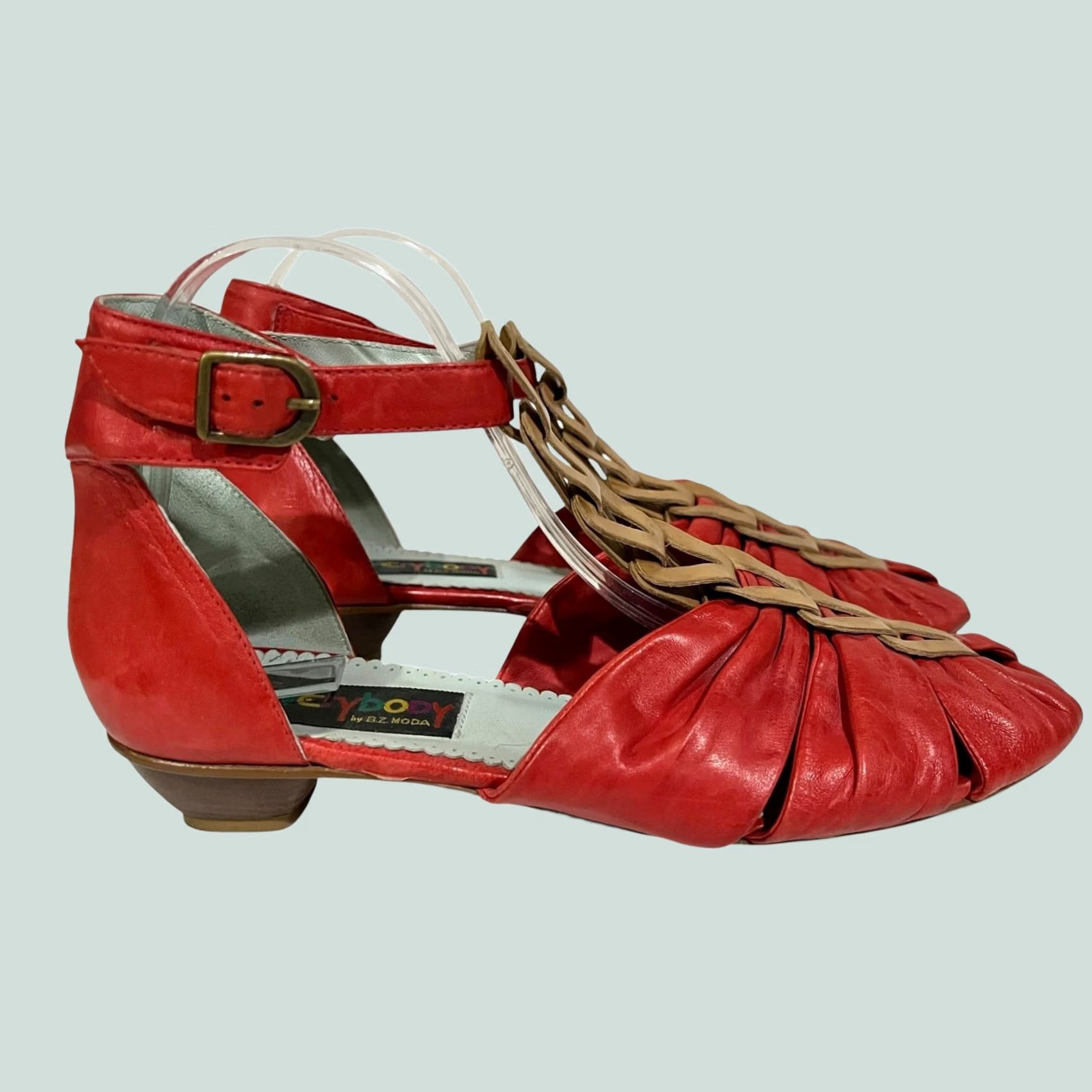 Vintage Everybody by B.Z. Moda Sandals Womens EU 40.5 Red & Tan Leather Ankle Buckle Heel Sandal Shiny Strappy Party/Cocktail Shoes Size US 10 / IT 40 - 1 Thumbnail