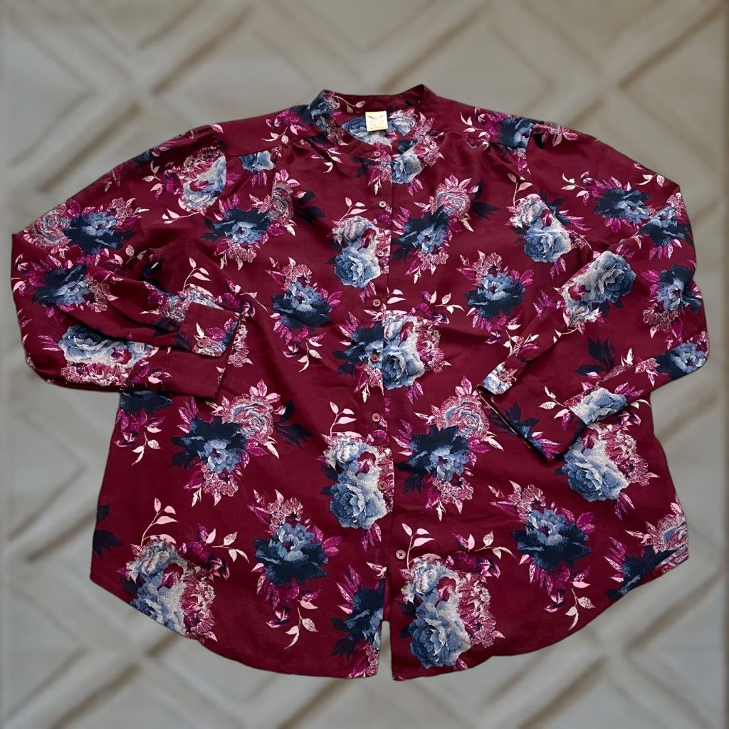 Faded Glory Faded Glory Button-Up Shirt Womens 2XL Purple Floral Top Blouse Long Sleeve Crew Neck Classic Fit Satin Chiffon Polyester Size XXL / US 16-18 / IT 52-54 - 1 Thumbnail
