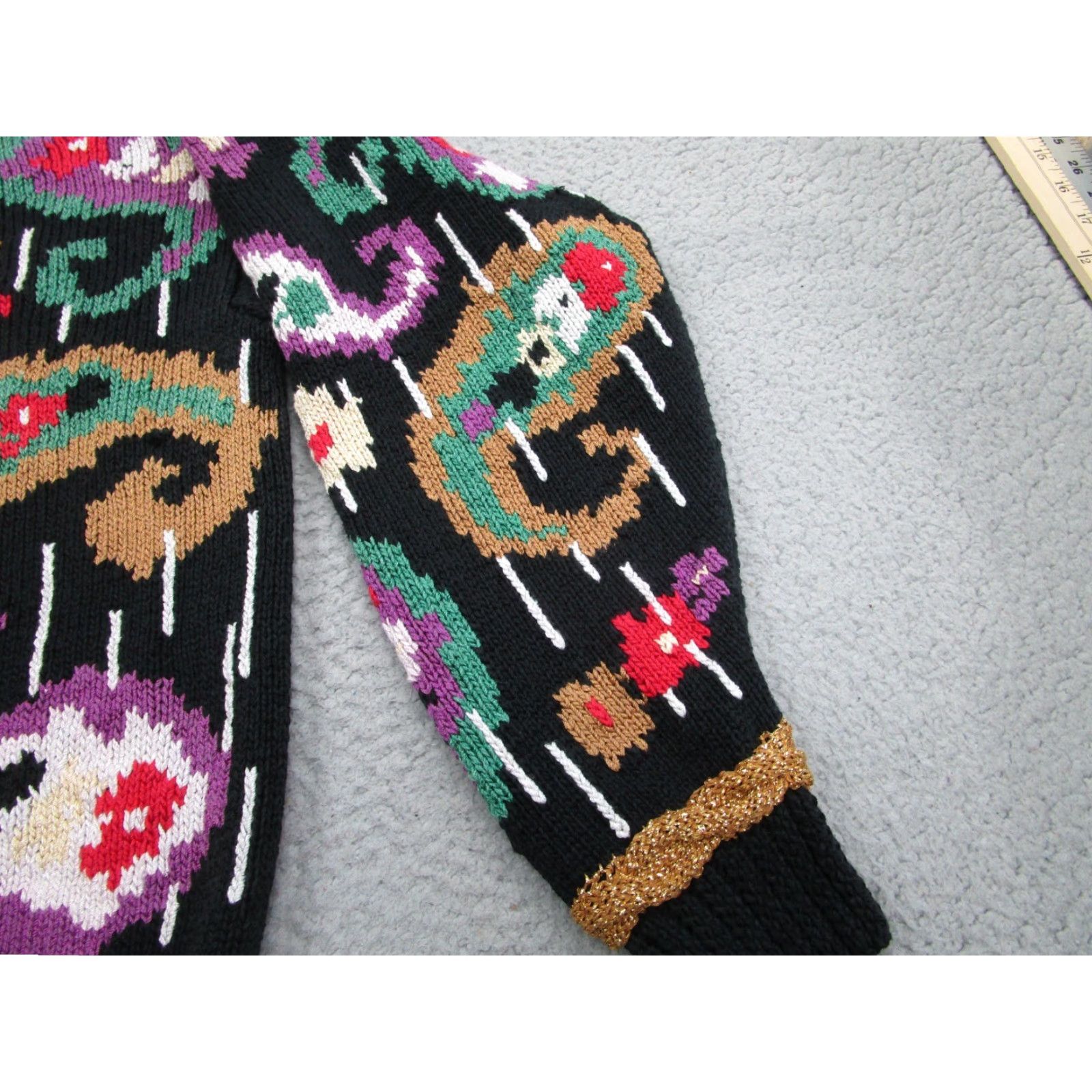 Vintage VINTAGE Lizi Ruch Sweater Cardigan Womens XL Black Floral Puff Sleeve 90s Vintage Tie? Size XL / US 12-14 / IT 48-50 - 3 Thumbnail