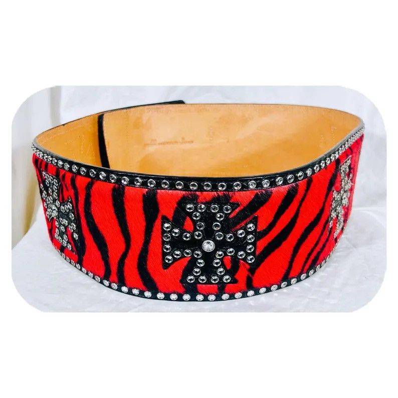 Other Red Zebra Print Pony Hair Leather Studded Iron Cross Belt XL Size 44 - 3 Thumbnail