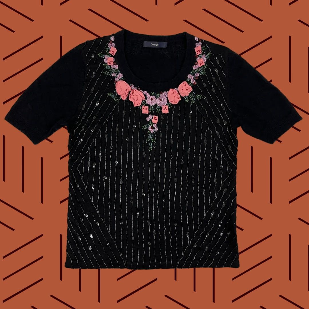 Vintage Womens Blouse Black Wool & Angora 3D Floral Beaded Sequin Layers Boho Prep S Small Casual Shirt Womens Size S / US 4 / IT 40 - 1 Thumbnail