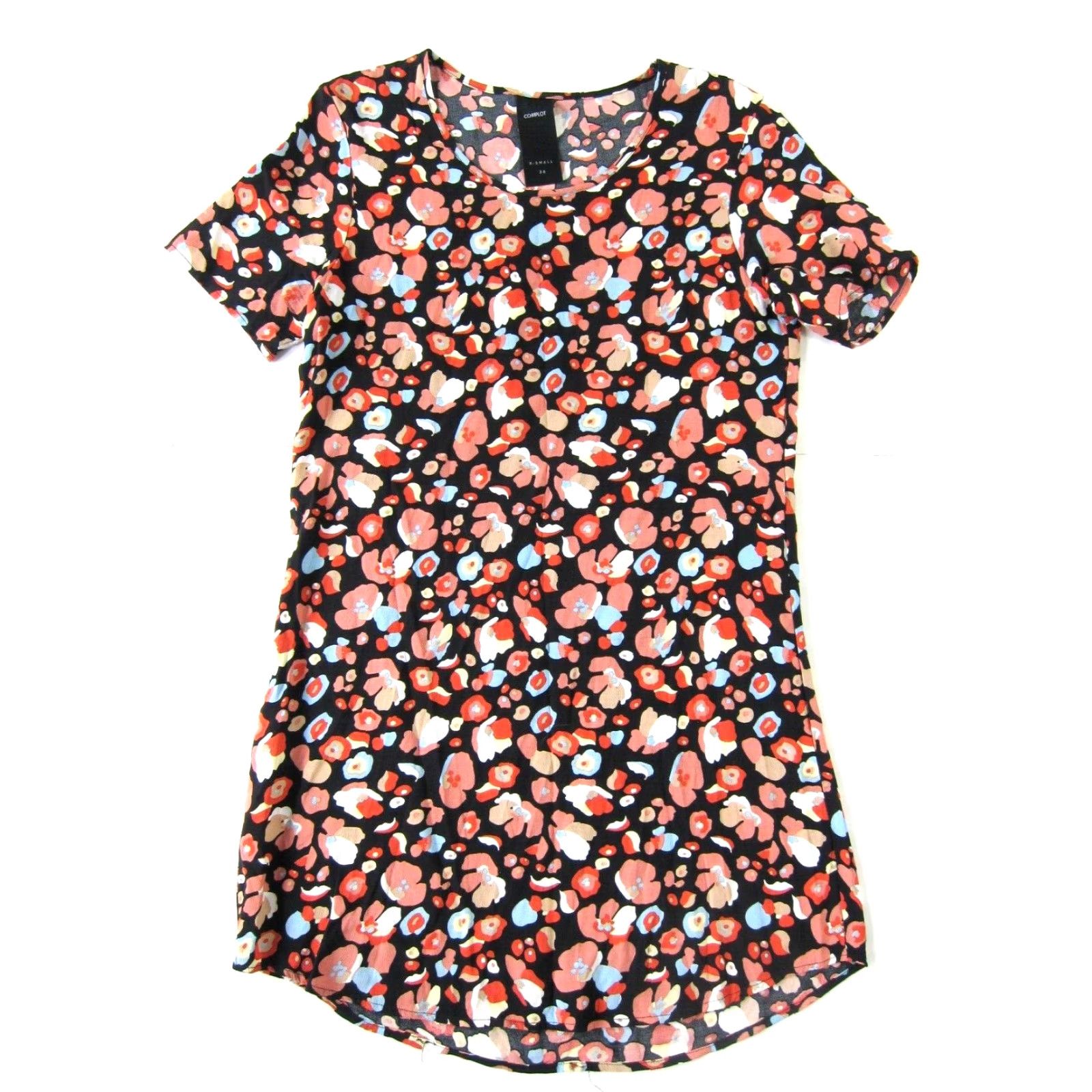 Vintage Complot Black Blue Pink Yellow Floral Short Sleeve Tunic Shift Dress Women XS Size 26" / US 2 / IT 38 - 2 Thumbnail