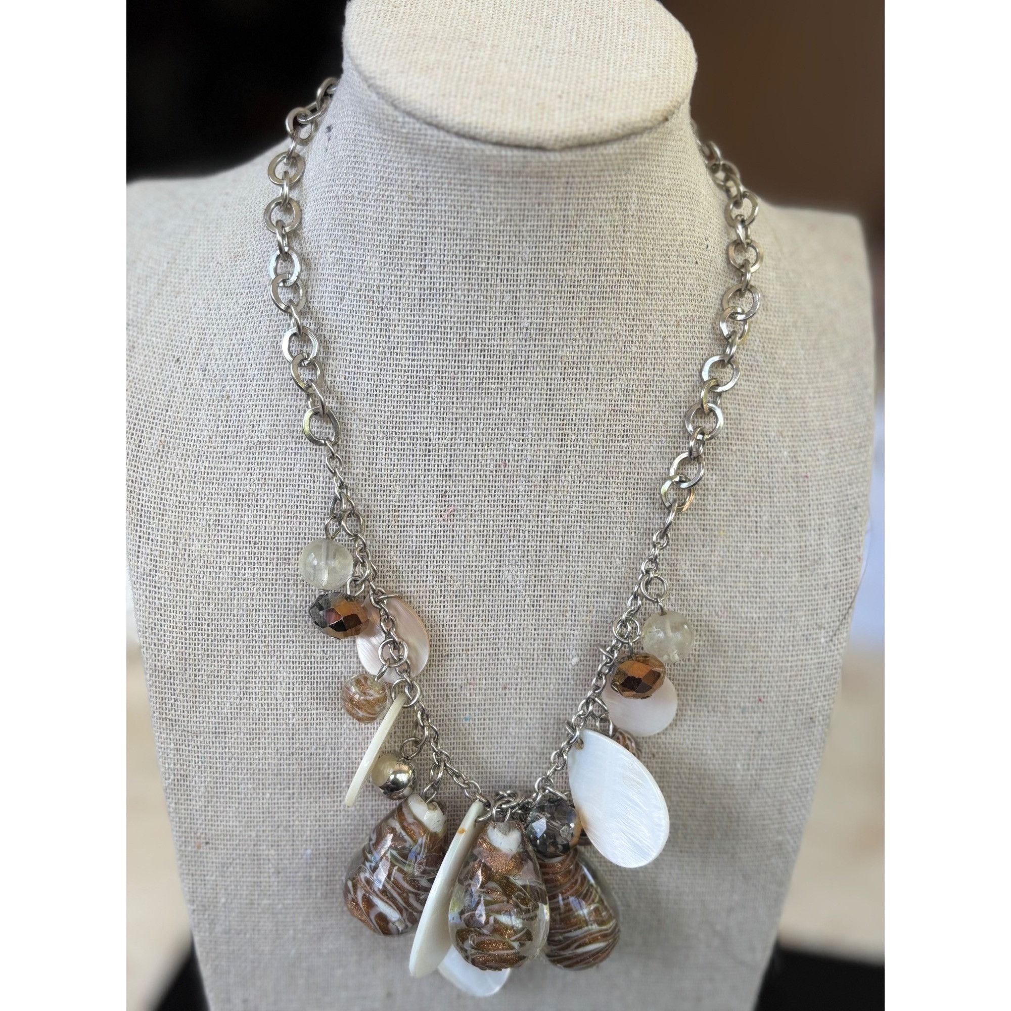Other Chunky Silver Chain Necklace With Brown & White Beaded Charm Size ONE SIZE - 1 Thumbnail