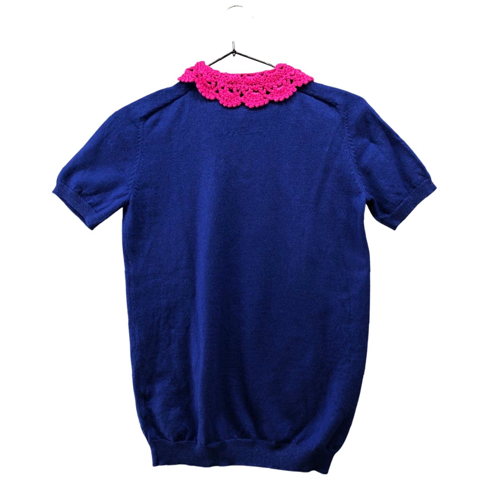 Sibling Sibling London Merino Wool Short Sleeve Sweater M Women Crochet Collar Blue Pink Size M / US 6-8 / IT 42-44 - 2 Thumbnail