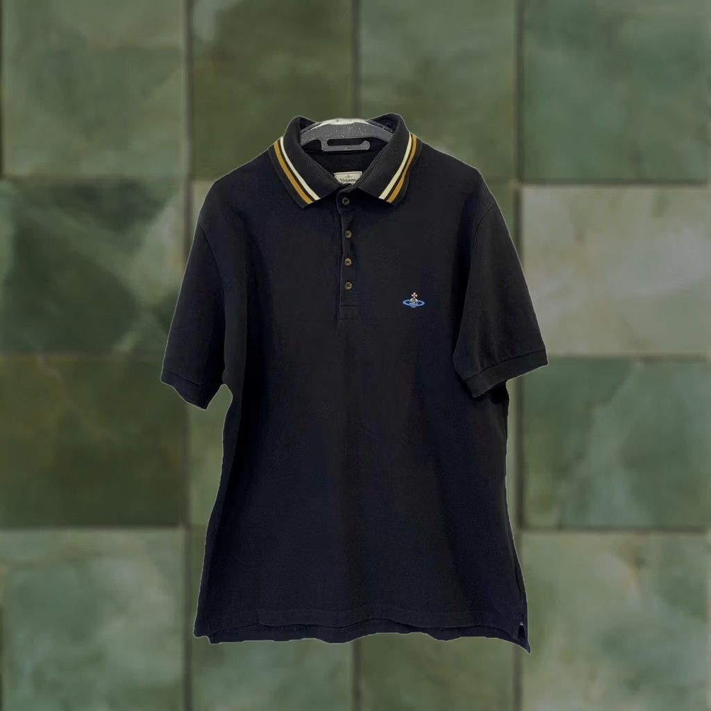 Vivienne Westwood Vivienne Westwood Man Polo Shirt Black Orb Logo Striped Collar XL Mens Polo Shirt Size US XL / EU 56 / 4 - 1 Thumbnail