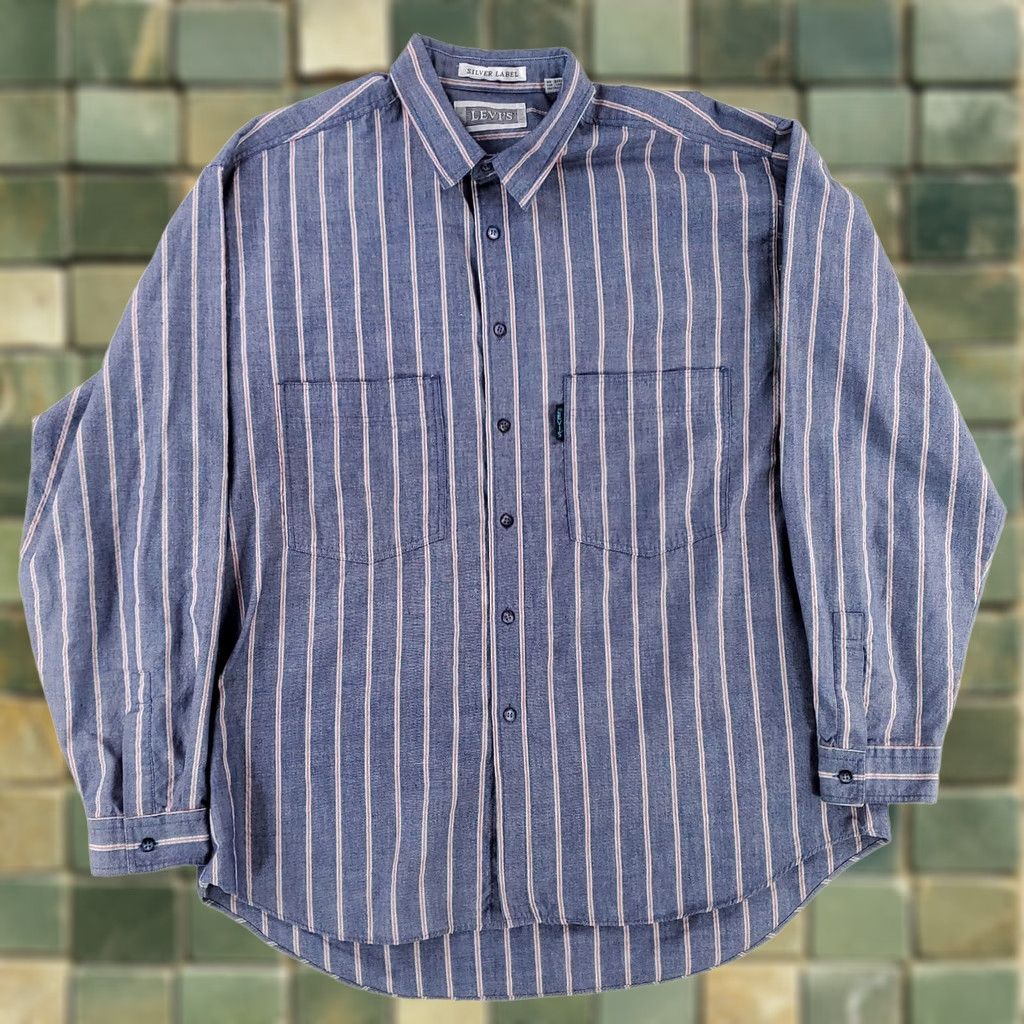 Levi's VINTAGE Levi's Silver Label VTG 90s Button-Up Shirt Long Sleeve Striped Blue Mens XL Shirt Size US XL / EU 56 / 4 - 1 Thumbnail