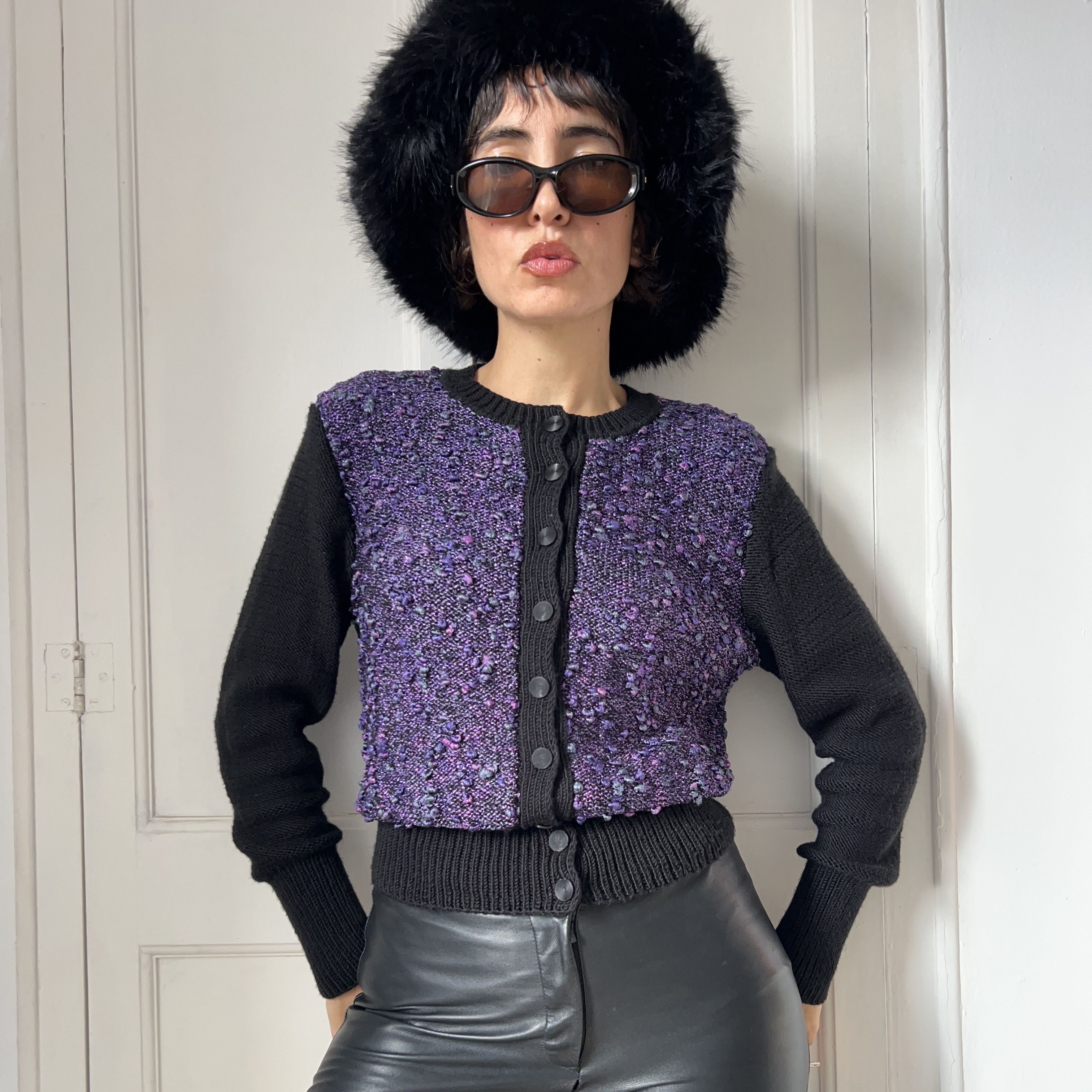Vintage Vintage 90s Purple Bouclé Cardigan | Retro Tweed Knit Jacket Size M / US 6-8 / IT 42-44 - 1 Thumbnail