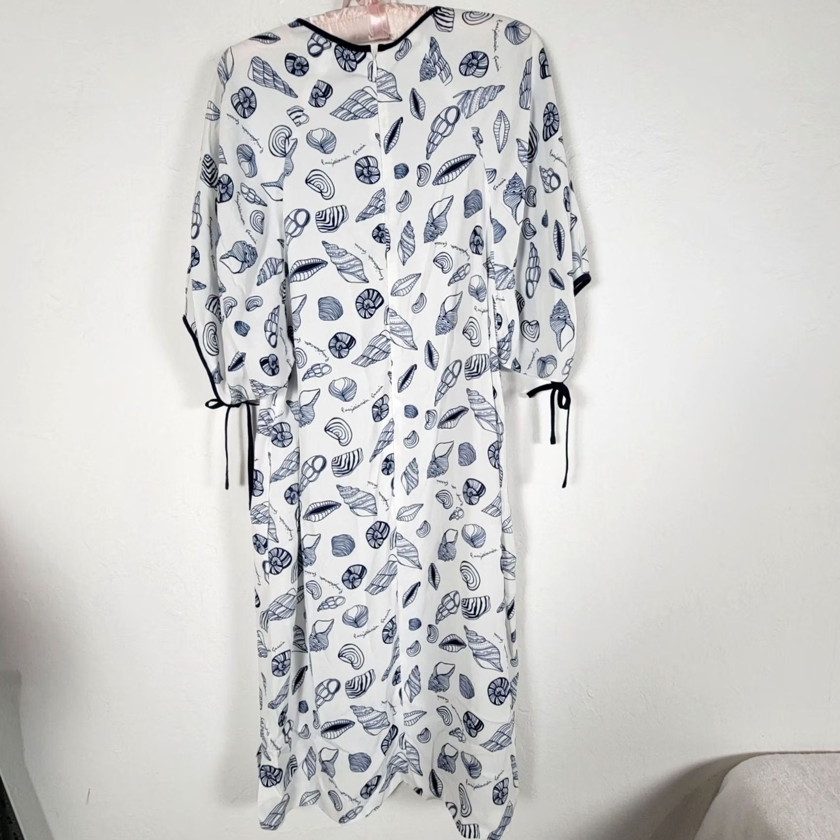 Vintage Purificacion Garcia Womens White Navy Seashell Print Tie-Sleeve Dress Size 36 Size XS / US 0-2 / IT 36-38 - 2 Thumbnail