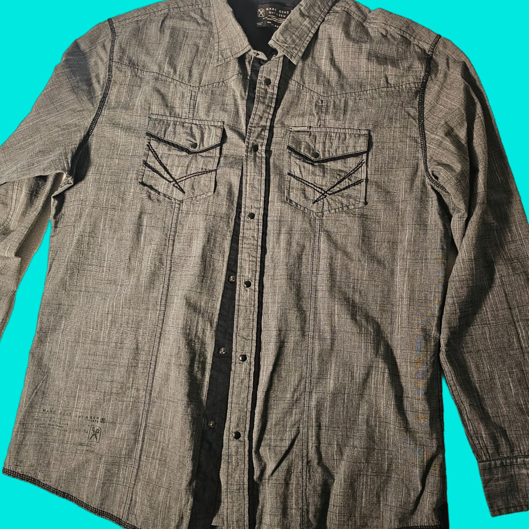 Marcs Marc Ecko Shirt Adult XL Gray Geo Plaid Button-Up Long Sleeve Casual Collared Cotton Mens Size US XL / EU 56 / 4 - 1 Thumbnail