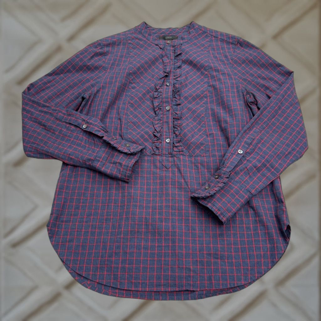 J.Crew J.Crew Button Ruffle Popover Blouse Womens S Red Blue Plaid Long Sleeve Cotton Casual Preppy Size S / US 4 / IT 40 - 1 Thumbnail