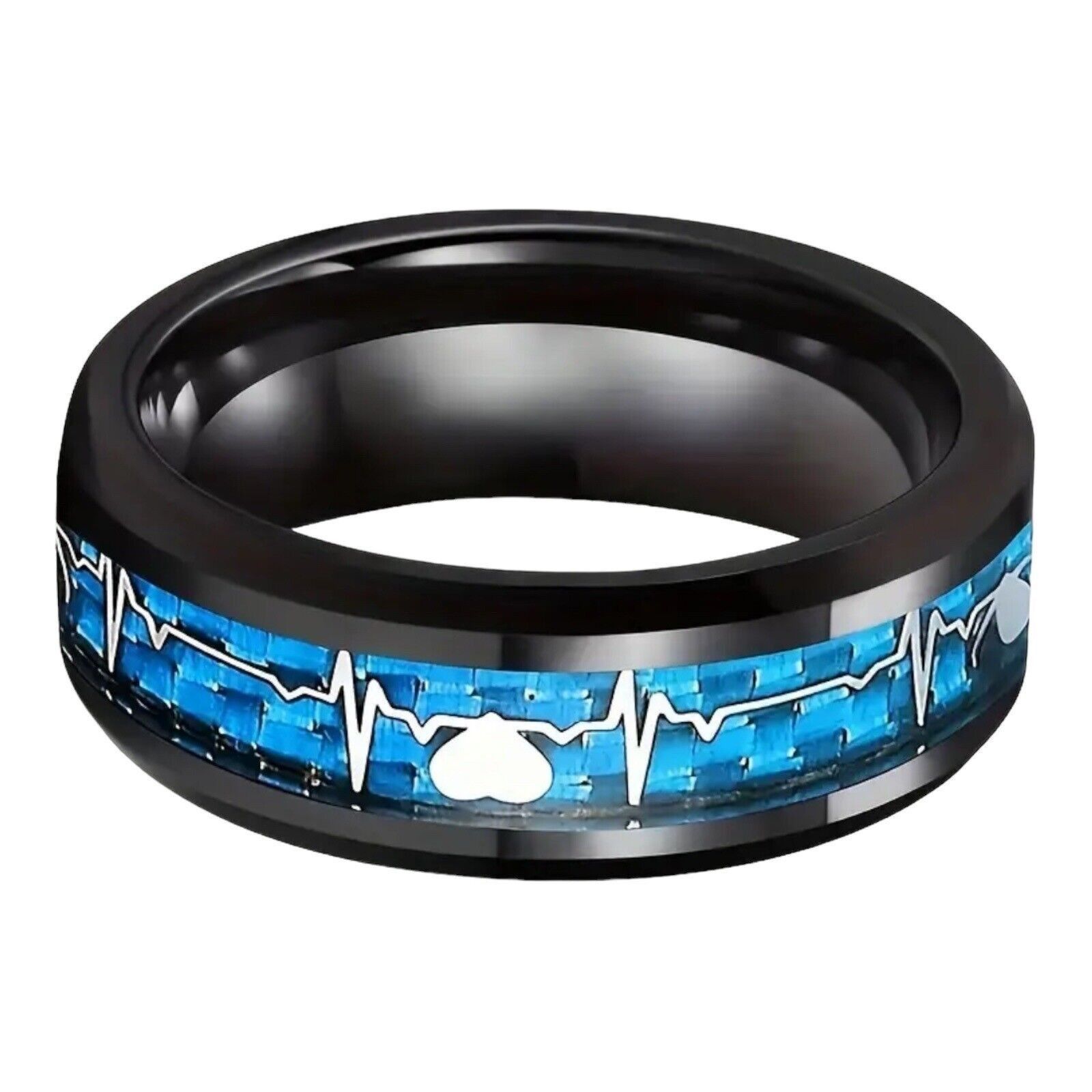 Designer Black Tungsten Carbide Ring With Blue Carbon Fiber Inlay & H Size ONE SIZE - 3 Thumbnail